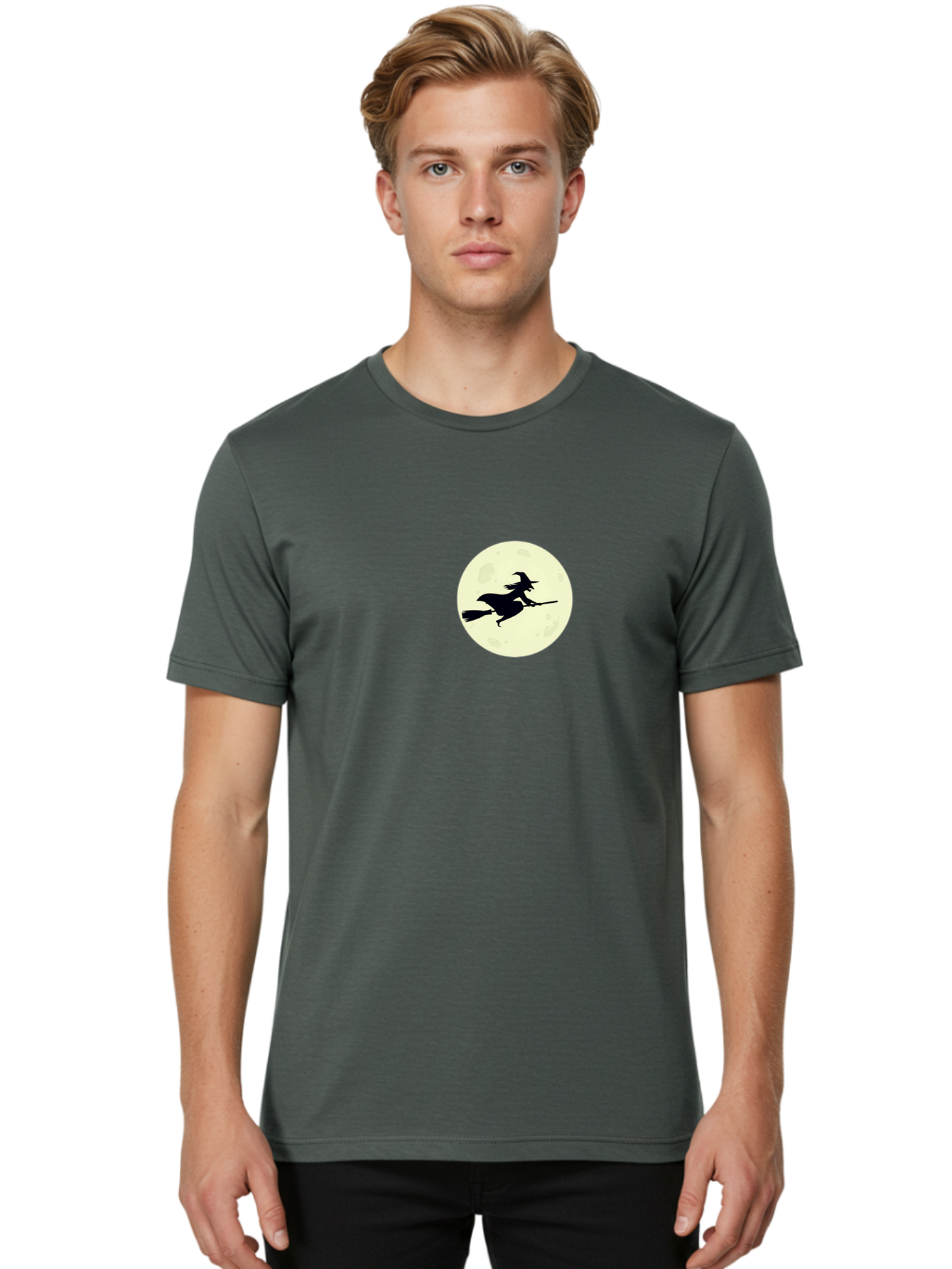 Witch-Flying-On-Moon Men'S Graphic Tee, 100% Cotton, Comfortable Casual Summer Wear, Machine Washable, Witch On Broomstick, Flying Witch, Halloween Symbol, Magic Spell, Mystical Night, Full Moon, Black Silhouette, Witchcraft, Bad924 16