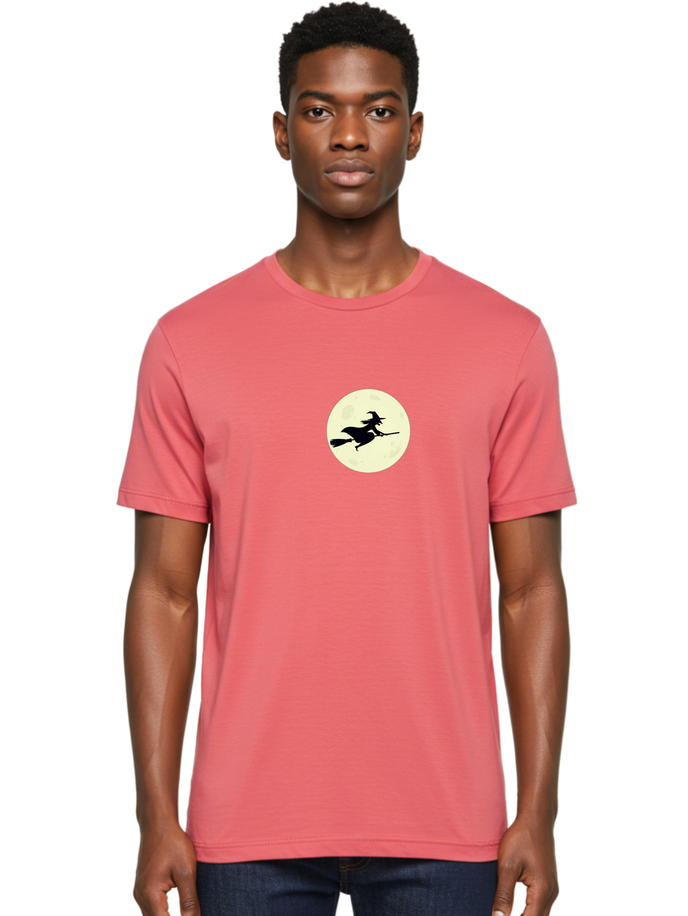 Witch-Flying-On-Moon Men'S Graphic Tee, 100% Cotton, Comfortable Casual Summer Wear, Machine Washable, Witch On Broomstick, Flying Witch, Halloween Symbol, Magic Spell, Mystical Night, Full Moon, Black Silhouette, Witchcraft, Bad924 24