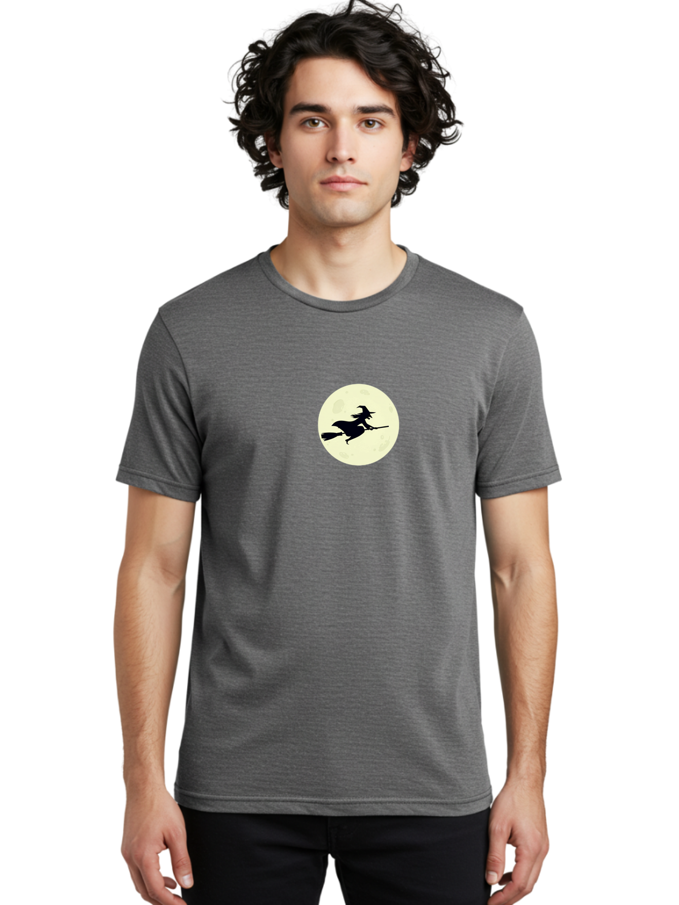 Witch-Flying-On-Moon Men'S Graphic Tee, 100% Cotton, Comfortable Casual Summer Wear, Machine Washable, Witch On Broomstick, Flying Witch, Halloween Symbol, Magic Spell, Mystical Night, Full Moon, Black Silhouette, Witchcraft, Bad924 17
