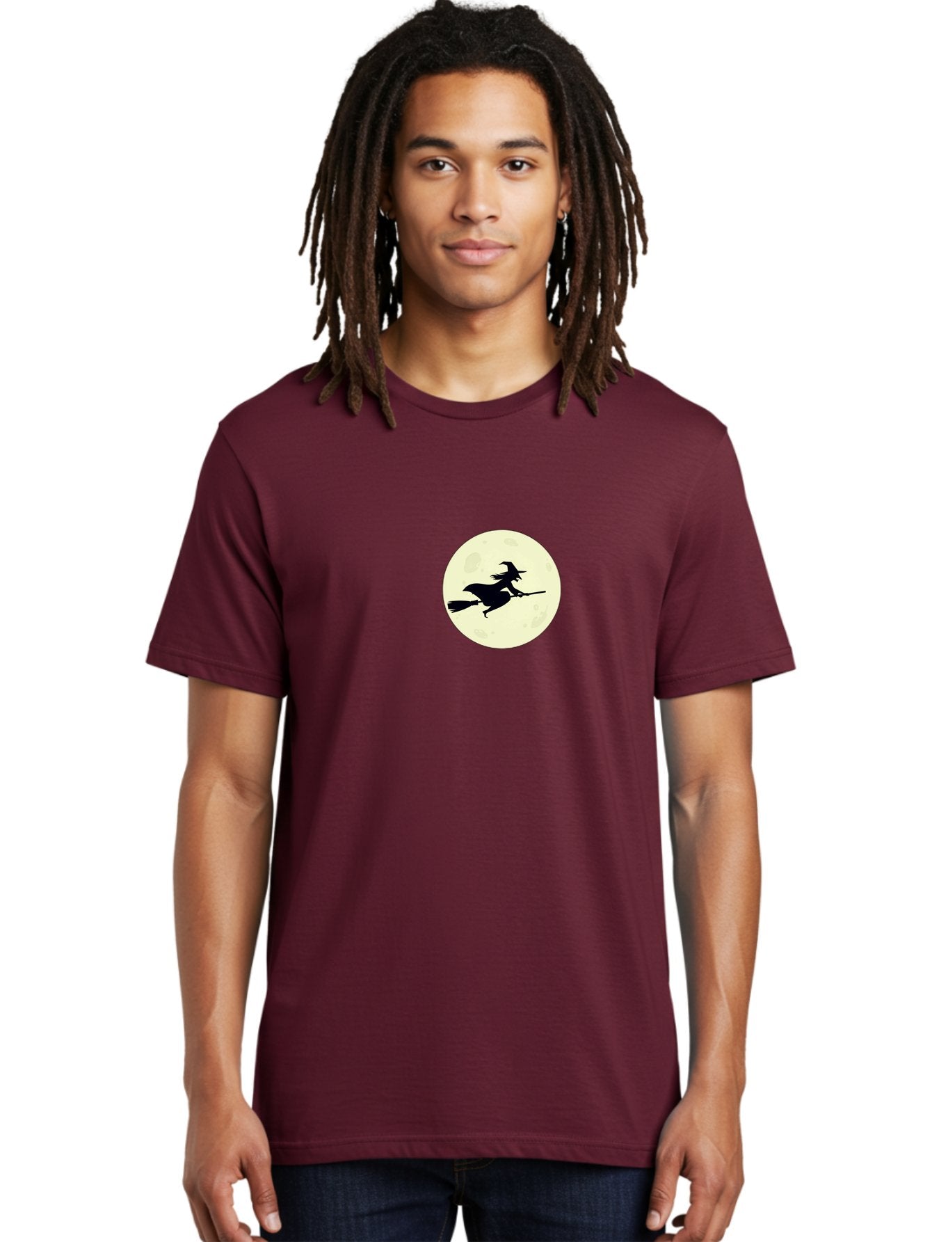 Witch-Flying-On-Moon Men'S Graphic Tee, 100% Cotton, Comfortable Casual Summer Wear, Machine Washable, Witch On Broomstick, Flying Witch, Halloween Symbol, Magic Spell, Mystical Night, Full Moon, Black Silhouette, Witchcraft, Bad924 19