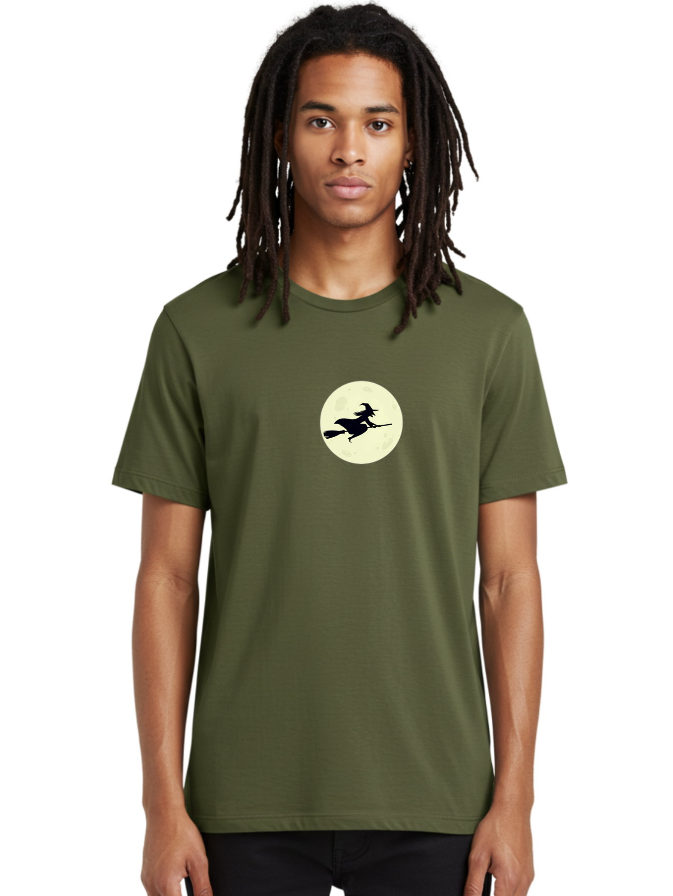 Witch-Flying-On-Moon Men'S Graphic Tee, 100% Cotton, Comfortable Casual Summer Wear, Machine Washable, Witch On Broomstick, Flying Witch, Halloween Symbol, Magic Spell, Mystical Night, Full Moon, Black Silhouette, Witchcraft, Bad924 29