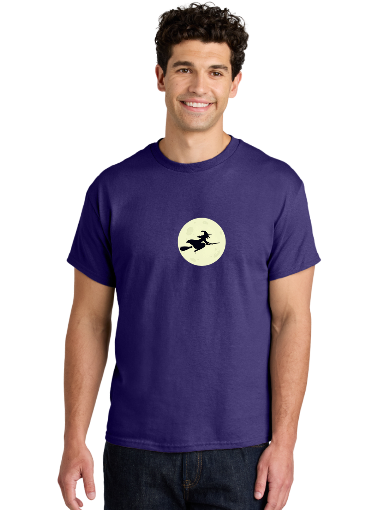 Witch-Flying-On-Moon Men'S Graphic Tee, 100% Cotton, Comfortable Casual Summer Wear, Machine Washable, Witch On Broomstick, Flying Witch, Halloween Symbol, Magic Spell, Mystical Night, Full Moon, Black Silhouette, Witchcraft, Bad924 30