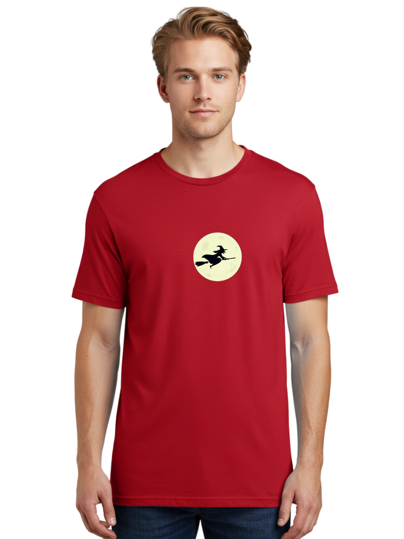 Witch-Flying-On-Moon Men'S Graphic Tee, 100% Cotton, Comfortable Casual Summer Wear, Machine Washable, Witch On Broomstick, Flying Witch, Halloween Symbol, Magic Spell, Mystical Night, Full Moon, Black Silhouette, Witchcraft, Bad924 25