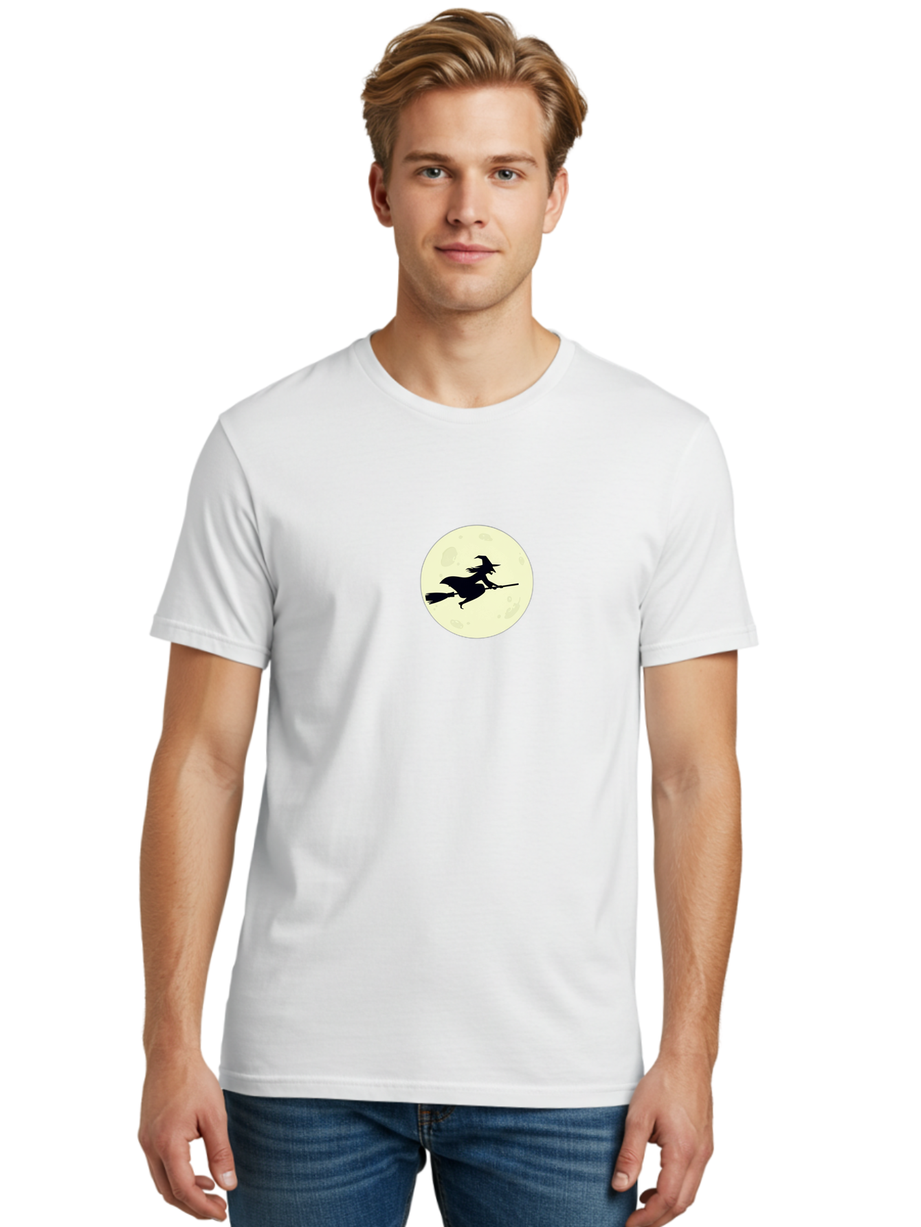 Witch-Flying-On-Moon Men'S Graphic Tee, 100% Cotton, Comfortable Casual Summer Wear, Machine Washable, Witch On Broomstick, Flying Witch, Halloween Symbol, Magic Spell, Mystical Night, Full Moon, Black Silhouette, Witchcraft, Bad924 23