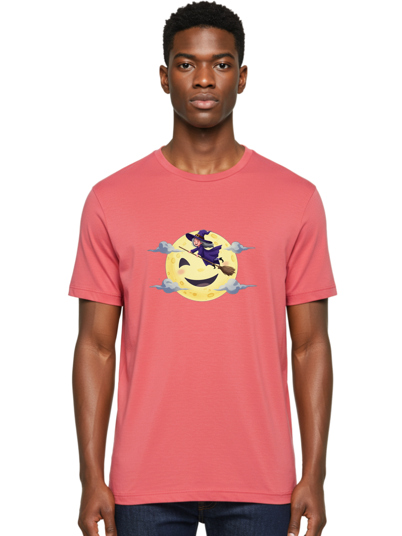 Witch-On-Broomstick-1 Men'S Graphic Tee, 100% Cotton, Comfortable Casual Summer Wear, Machine Washable, Witch Flying On Broomstick, Jack O'Lantern Moon, Halloween Scene, Cartoon Style, Smiling Moon, Spooky Atmosphere, Autumnal Theme, Bad925 28