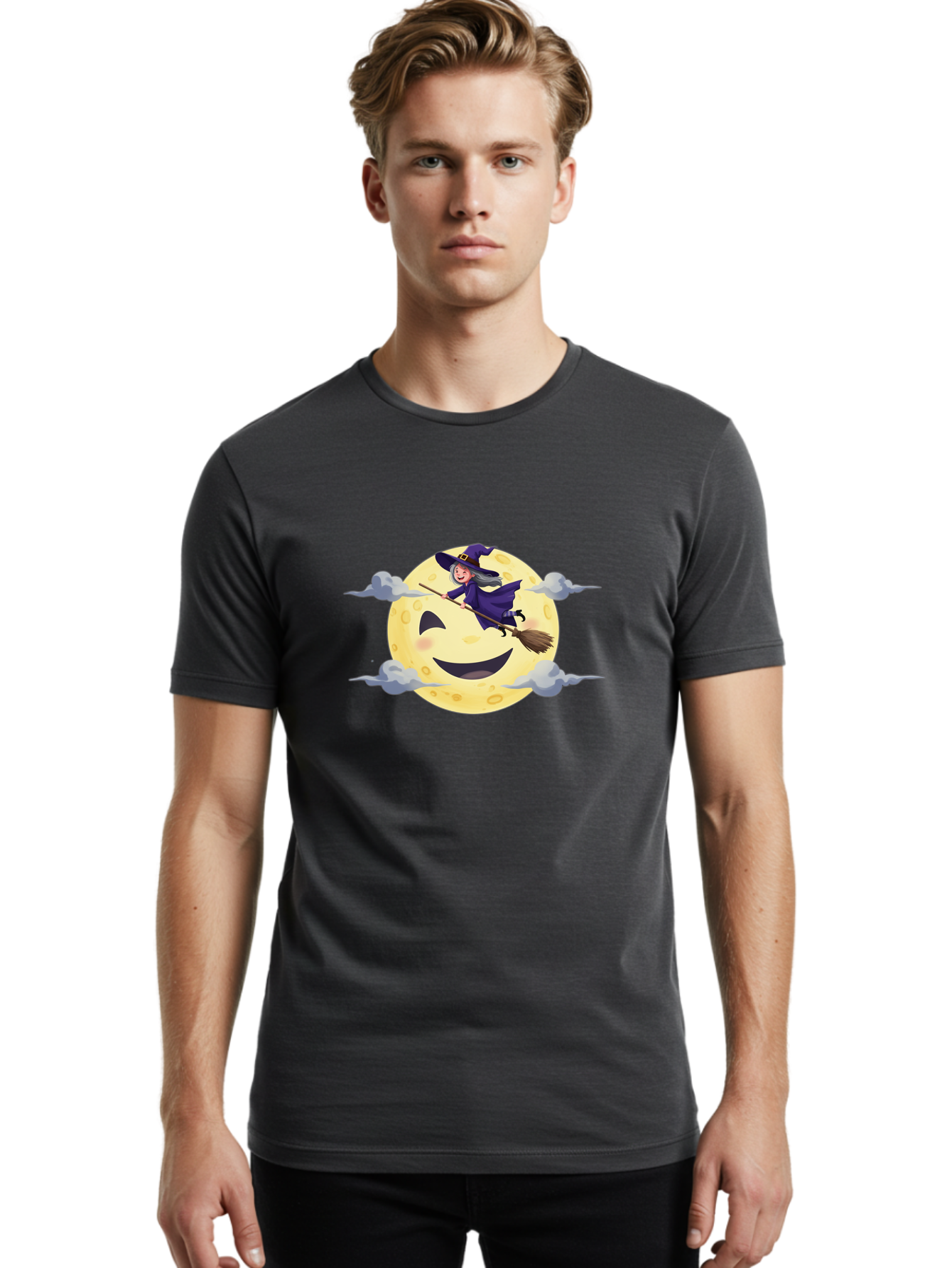 Witch-On-Broomstick-1 Men'S Graphic Tee, 100% Cotton, Comfortable Casual Summer Wear, Machine Washable, Witch Flying On Broomstick, Jack O'Lantern Moon, Halloween Scene, Cartoon Style, Smiling Moon, Spooky Atmosphere, Autumnal Theme, Bad925 29