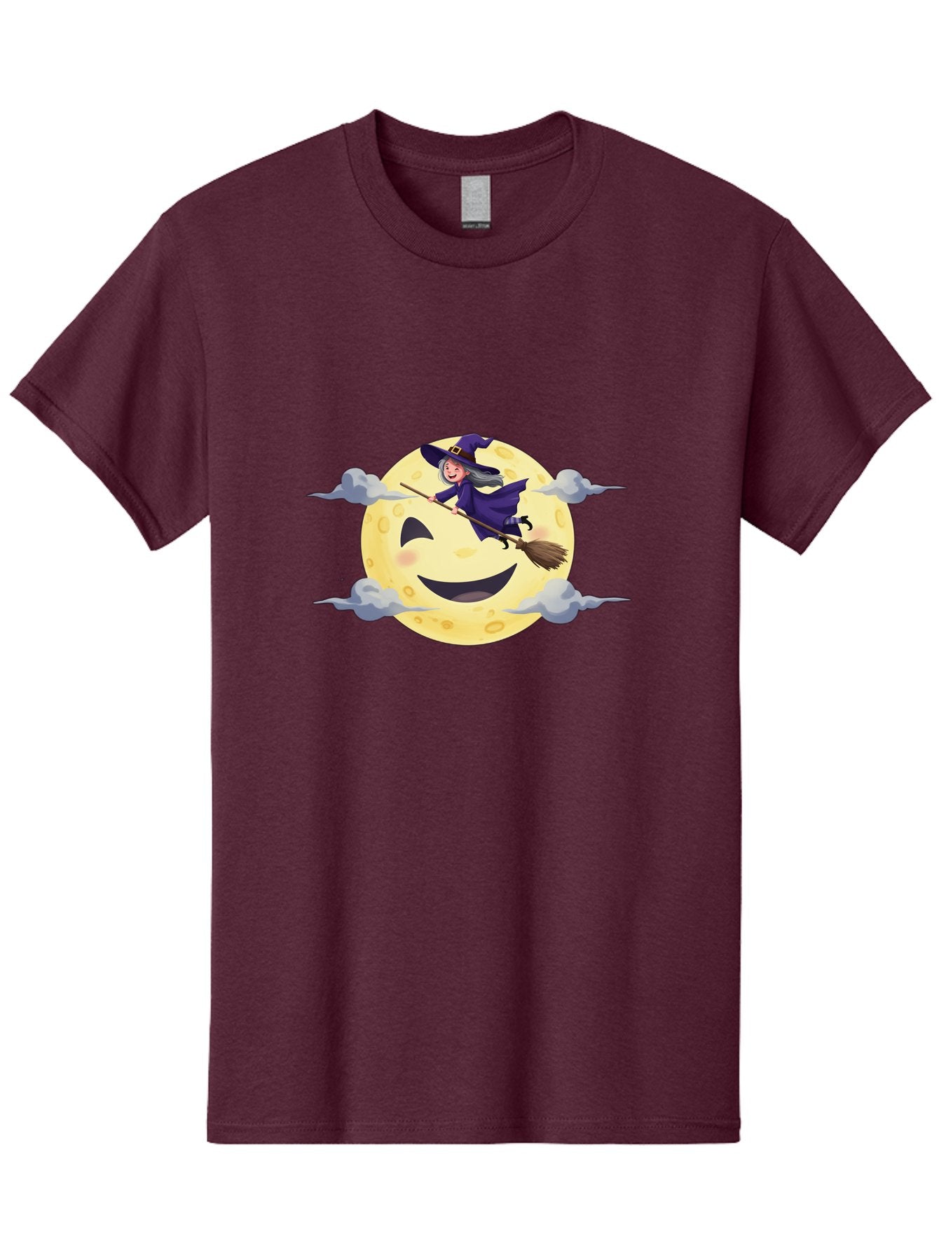 Witch-On-Broomstick-1 Men'S Graphic Tee, 100% Cotton, Comfortable Casual Summer Wear, Machine Washable, Witch Flying On Broomstick, Jack O'Lantern Moon, Halloween Scene, Cartoon Style, Smiling Moon, Spooky Atmosphere, Autumnal Theme, Bad925