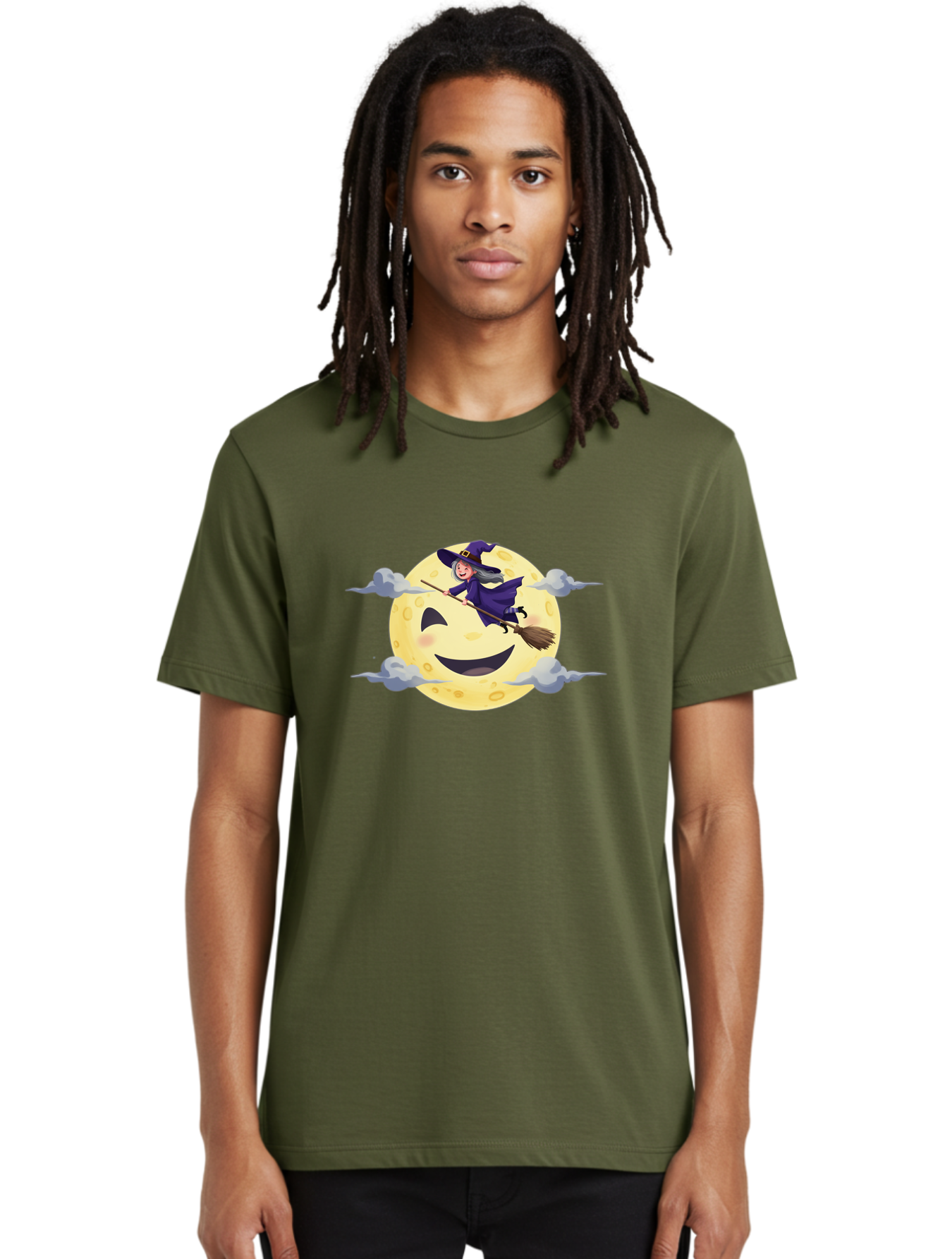 Witch-On-Broomstick-1 Men'S Graphic Tee, 100% Cotton, Comfortable Casual Summer Wear, Machine Washable, Witch Flying On Broomstick, Jack O'Lantern Moon, Halloween Scene, Cartoon Style, Smiling Moon, Spooky Atmosphere, Autumnal Theme, Bad925 23