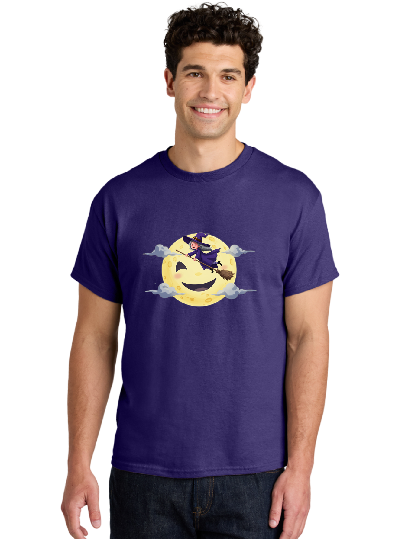 Witch-On-Broomstick-1 Men'S Graphic Tee, 100% Cotton, Comfortable Casual Summer Wear, Machine Washable, Witch Flying On Broomstick, Jack O'Lantern Moon, Halloween Scene, Cartoon Style, Smiling Moon, Spooky Atmosphere, Autumnal Theme, Bad925 25