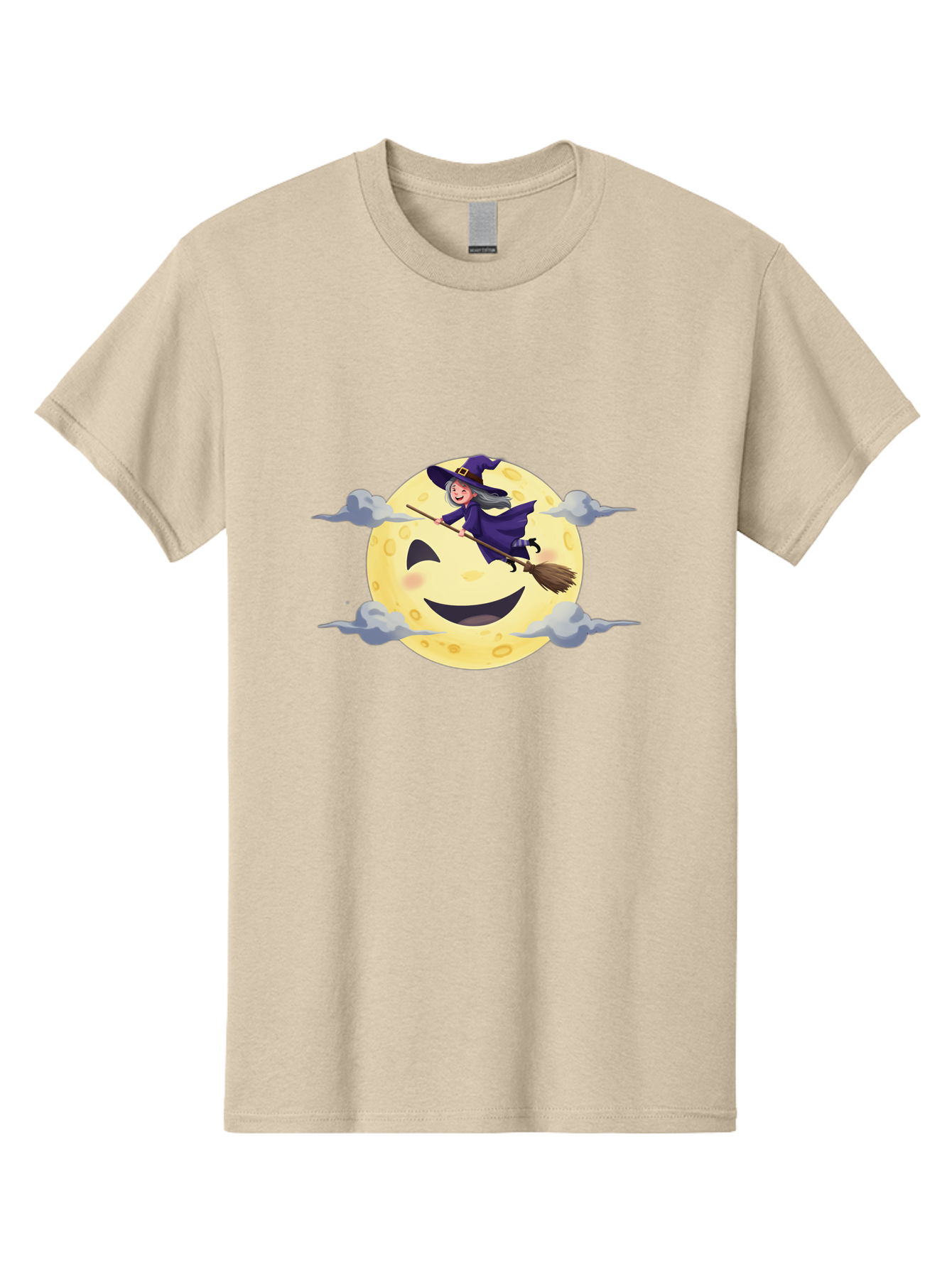 Witch-On-Broomstick-1 Men'S Graphic Tee, 100% Cotton, Comfortable Casual Summer Wear, Machine Washable, Witch Flying On Broomstick, Jack O'Lantern Moon, Halloween Scene, Cartoon Style, Smiling Moon, Spooky Atmosphere, Autumnal Theme, Bad925