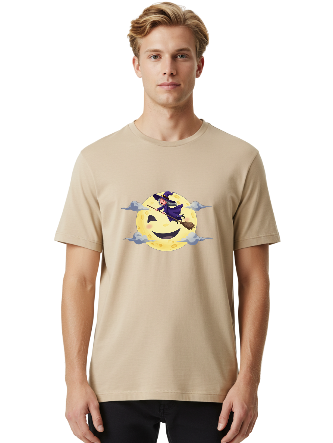 Witch-On-Broomstick-1 Men'S Graphic Tee, 100% Cotton, Comfortable Casual Summer Wear, Machine Washable, Witch Flying On Broomstick, Jack O'Lantern Moon, Halloween Scene, Cartoon Style, Smiling Moon, Spooky Atmosphere, Autumnal Theme, Bad925 17