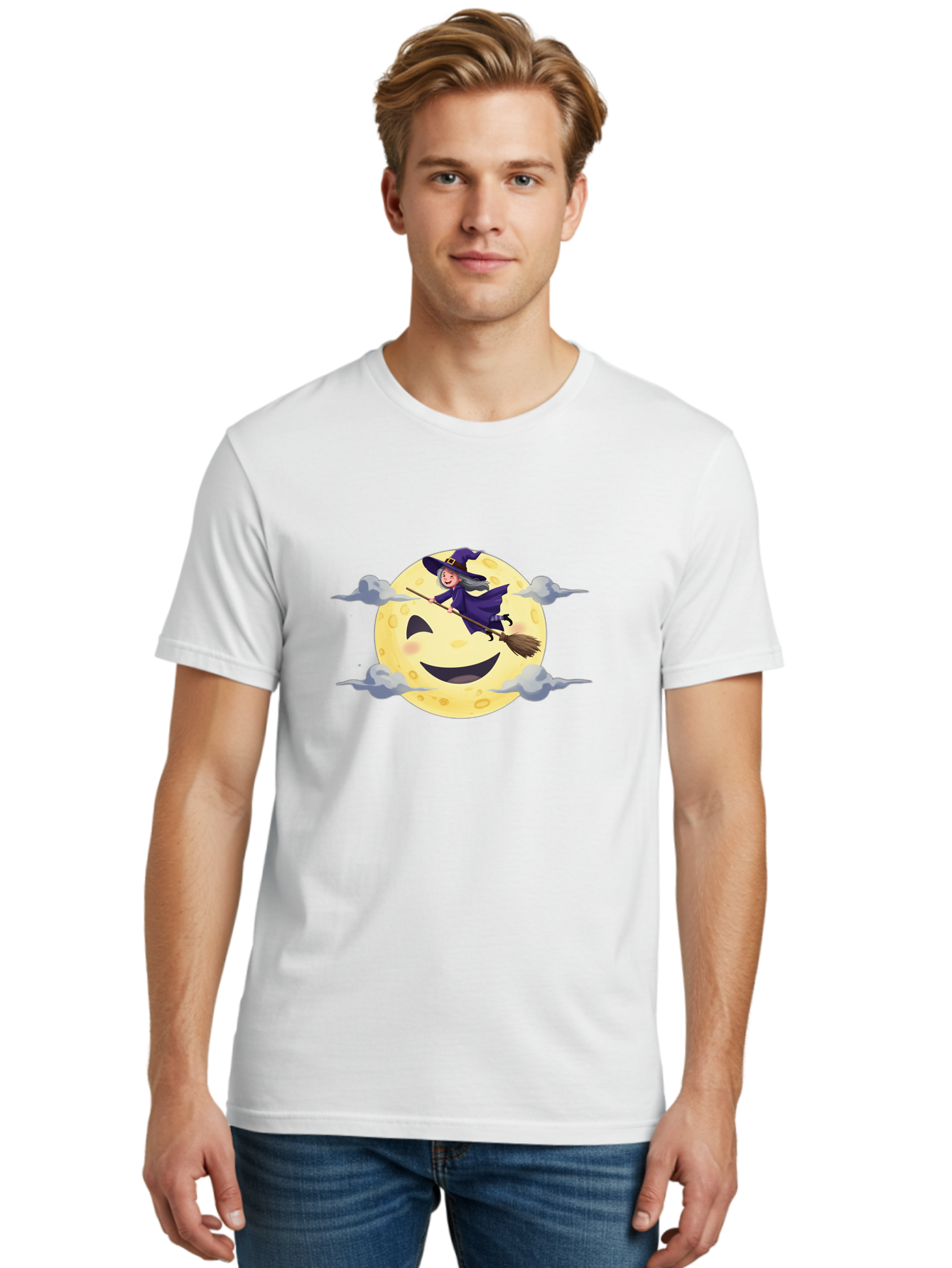 Witch-On-Broomstick-1 Men'S Graphic Tee, 100% Cotton, Comfortable Casual Summer Wear, Machine Washable, Witch Flying On Broomstick, Jack O'Lantern Moon, Halloween Scene, Cartoon Style, Smiling Moon, Spooky Atmosphere, Autumnal Theme, Bad925 22