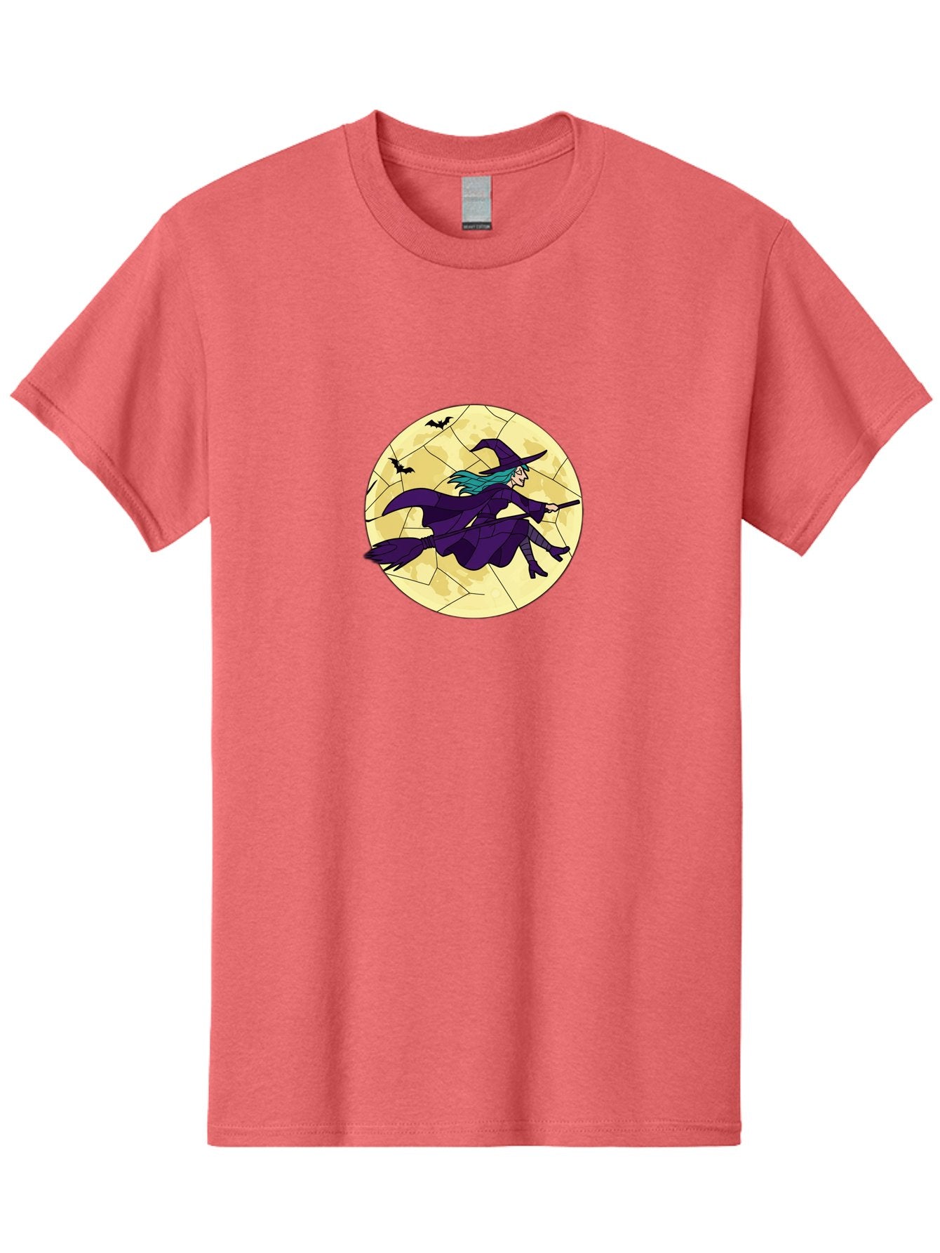Witch-On-Broomstick Men'S Graphic Tee, 100% Cotton, Comfortable Casual Summer Wear, Machine Washable, Witch Flying On Broomstick, Full Moon, Bats Flying, Purple Dress, Magic Spell, Halloween Theme, Mystical Night, Spooky Atmosphere Bad926 6
