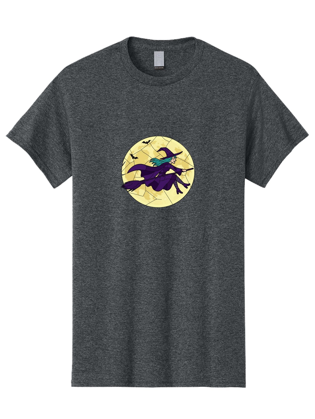 Witch-On-Broomstick Men'S Graphic Tee, 100% Cotton, Comfortable Casual Summer Wear, Machine Washable, Witch Flying On Broomstick, Full Moon, Bats Flying, Purple Dress, Magic Spell, Halloween Theme, Mystical Night, Spooky Atmosphere Bad926 3
