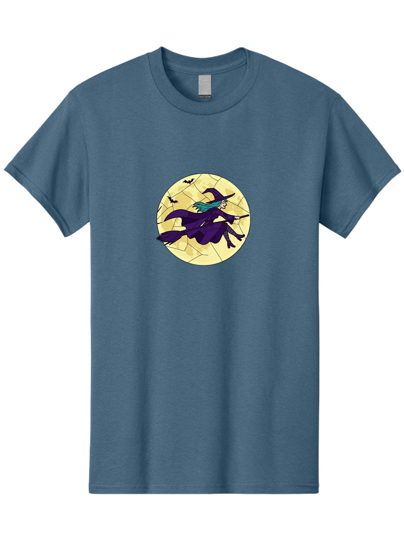 Witch-On-Broomstick Men'S Graphic Tee, 100% Cotton, Comfortable Casual Summer Wear, Machine Washable, Witch Flying On Broomstick, Full Moon, Bats Flying, Purple Dress, Magic Spell, Halloween Theme, Mystical Night, Spooky Atmosphere Bad926 15