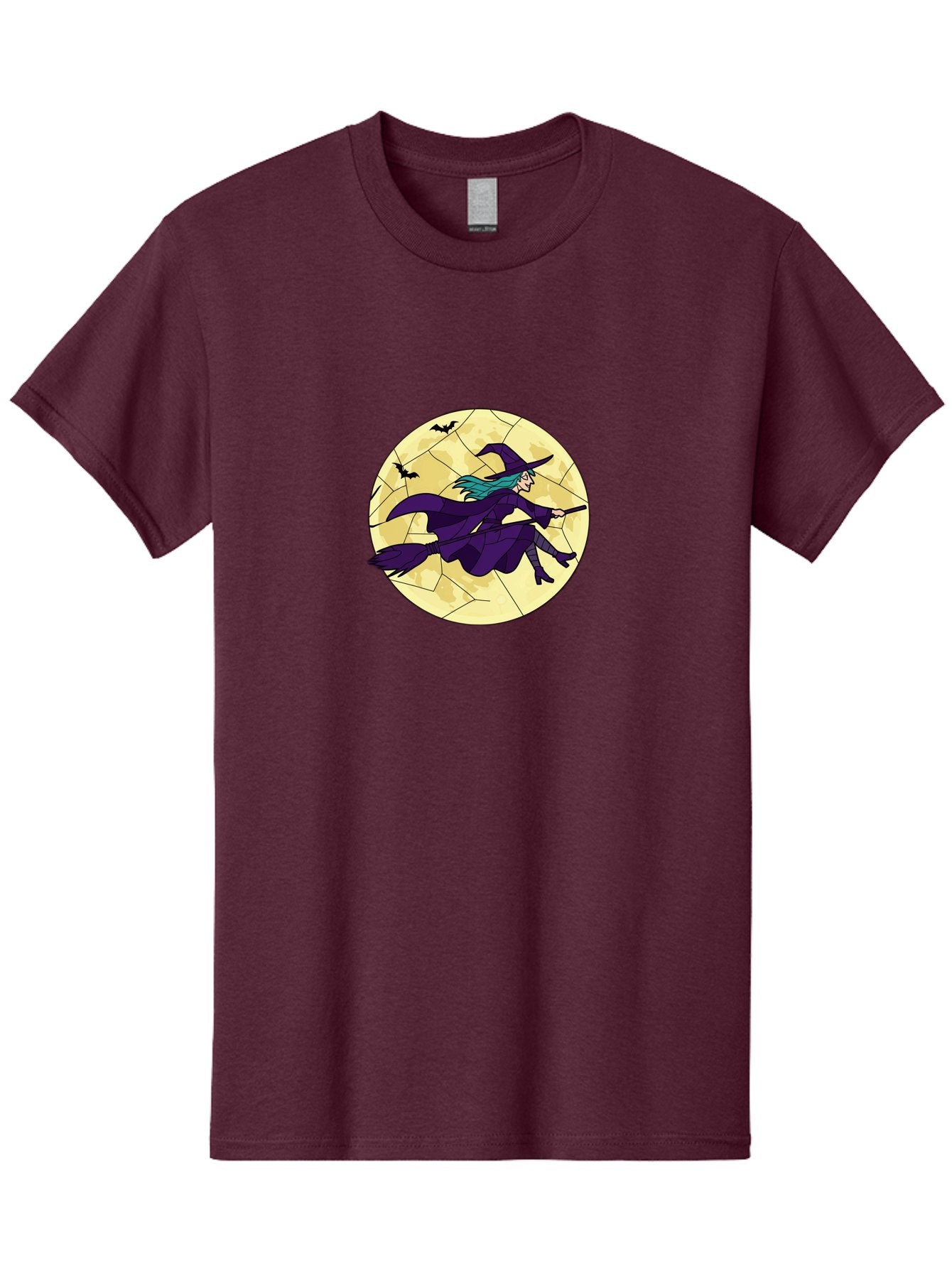 Witch-On-Broomstick Men'S Graphic Tee, 100% Cotton, Comfortable Casual Summer Wear, Machine Washable, Witch Flying On Broomstick, Full Moon, Bats Flying, Purple Dress, Magic Spell, Halloween Theme, Mystical Night, Spooky Atmosphere Bad926 11