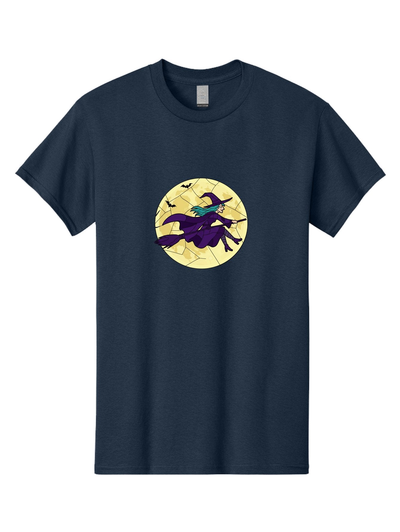 Witch-On-Broomstick Men'S Graphic Tee, 100% Cotton, Comfortable Casual Summer Wear, Machine Washable, Witch Flying On Broomstick, Full Moon, Bats Flying, Purple Dress, Magic Spell, Halloween Theme, Mystical Night, Spooky Atmosphere Bad926 13