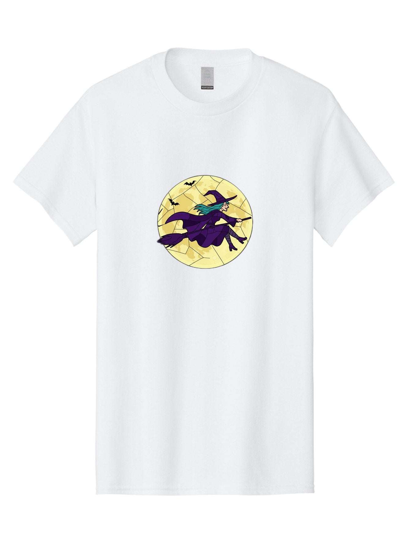 Witch-On-Broomstick Men'S Graphic Tee, 100% Cotton, Comfortable Casual Summer Wear, Machine Washable, Witch Flying On Broomstick, Full Moon, Bats Flying, Purple Dress, Magic Spell, Halloween Theme, Mystical Night, Spooky Atmosphere Bad926