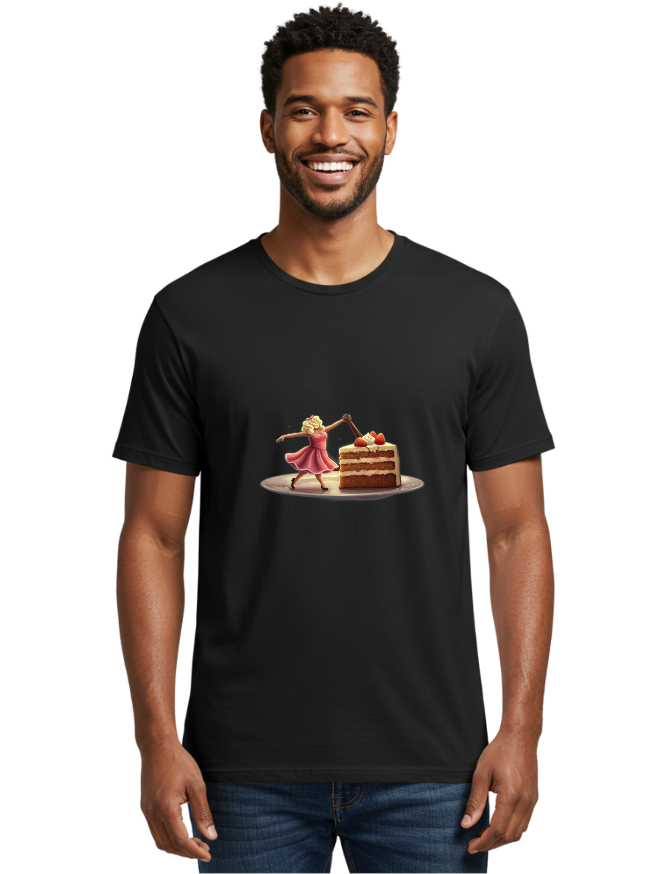Woman-And-Cake Men'S Graphic Tee, 100% Cotton, Comfortable Casual Summer Wear, Machine Washable, Woman Cutting Cake, Marilyn Monroe Lookalike, Pink Dress, Blonde Hair, Cake With Strawberries, Sweet Treats, Dessert, Celebration Bad927 20
