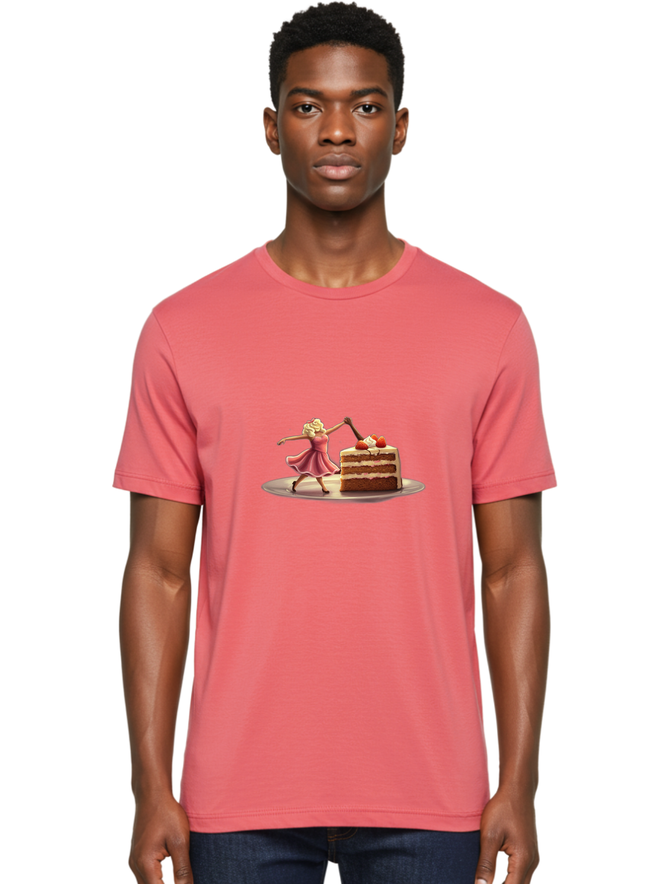 Woman-And-Cake Men'S Graphic Tee, 100% Cotton, Comfortable Casual Summer Wear, Machine Washable, Woman Cutting Cake, Marilyn Monroe Lookalike, Pink Dress, Blonde Hair, Cake With Strawberries, Sweet Treats, Dessert, Celebration Bad927 19