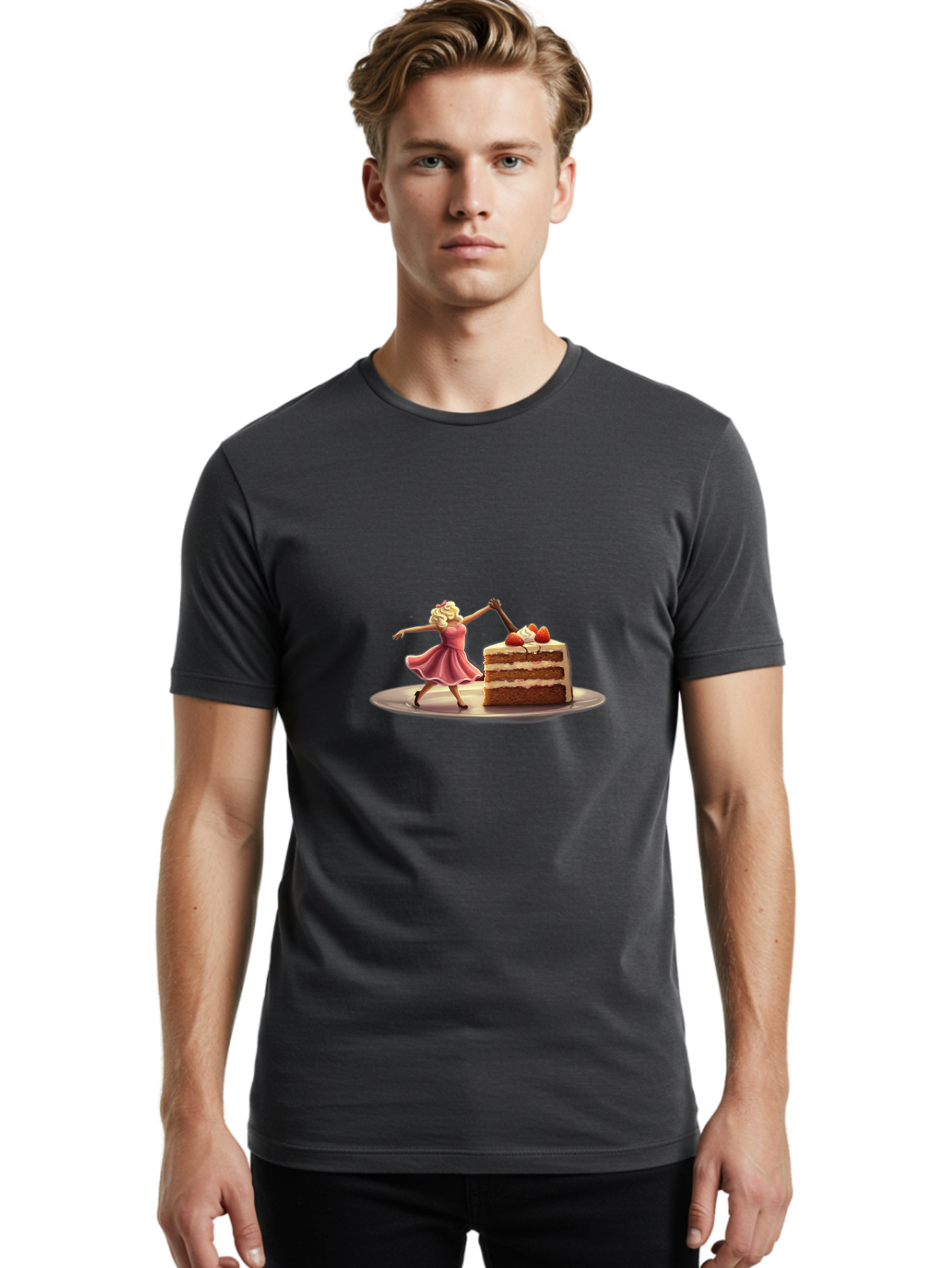 Woman-And-Cake Men'S Graphic Tee, 100% Cotton, Comfortable Casual Summer Wear, Machine Washable, Woman Cutting Cake, Marilyn Monroe Lookalike, Pink Dress, Blonde Hair, Cake With Strawberries, Sweet Treats, Dessert, Celebration Bad927 27