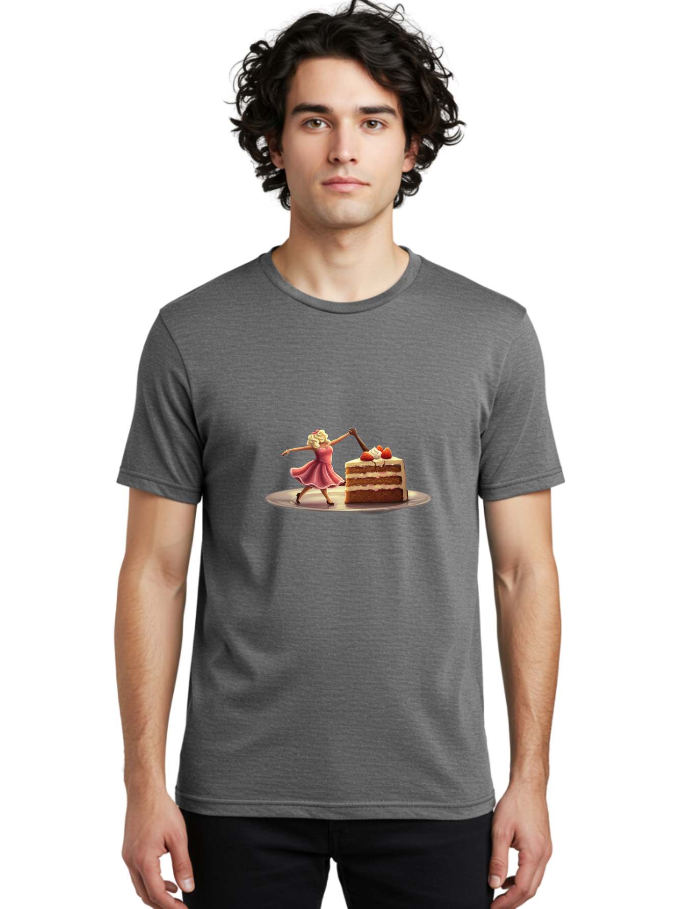 Woman-And-Cake Men'S Graphic Tee, 100% Cotton, Comfortable Casual Summer Wear, Machine Washable, Woman Cutting Cake, Marilyn Monroe Lookalike, Pink Dress, Blonde Hair, Cake With Strawberries, Sweet Treats, Dessert, Celebration Bad927 18