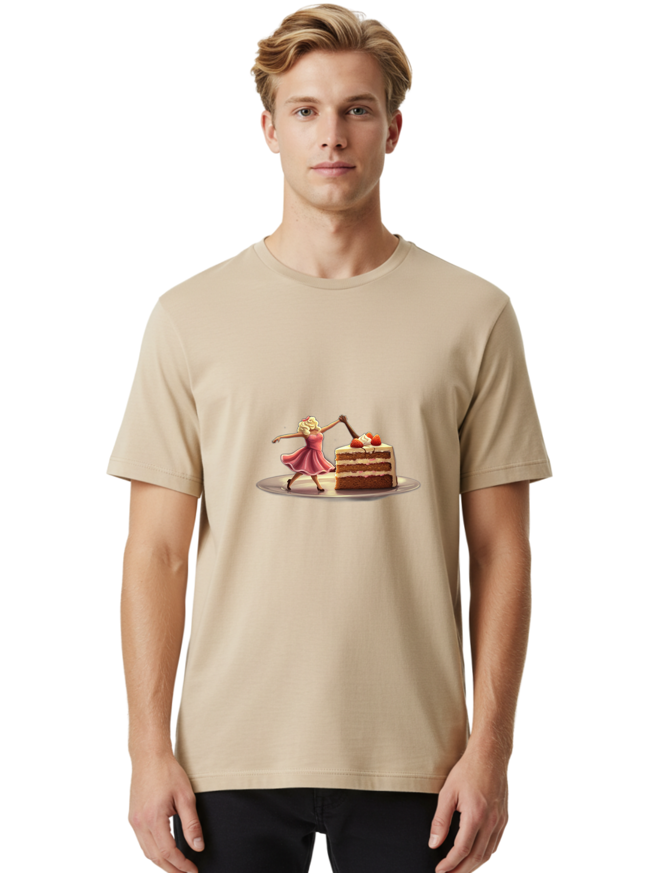 Woman-And-Cake Men'S Graphic Tee, 100% Cotton, Comfortable Casual Summer Wear, Machine Washable, Woman Cutting Cake, Marilyn Monroe Lookalike, Pink Dress, Blonde Hair, Cake With Strawberries, Sweet Treats, Dessert, Celebration Bad927 29