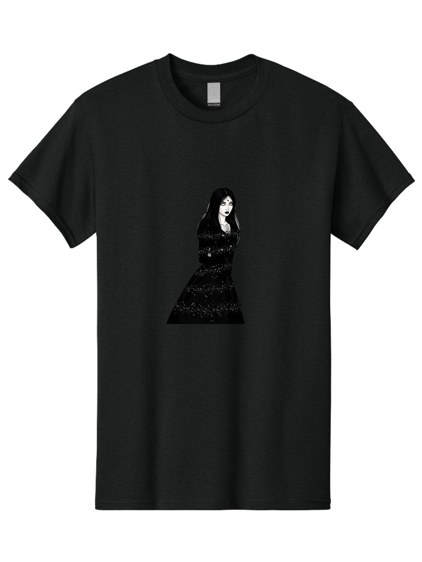 Woman-In-Black-Dress Men'S Graphic Tee, 100% Cotton, Comfortable Casual Summer Wear, Machine Washable, Woman In Black Dress, Long Black Hair, Elegant Jewelry, Sparkling Dress, Dark Beauty, Fashion Illustration, Mysterious Woman, Bad928 9