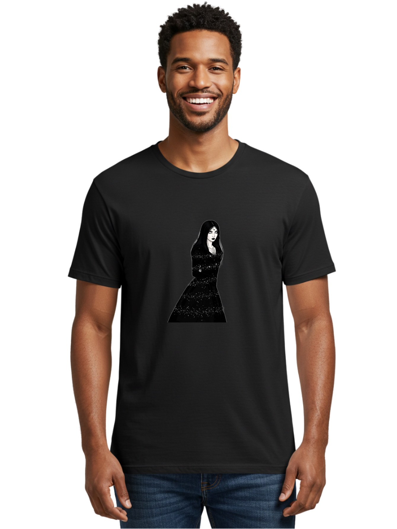 Woman-In-Black-Dress Men'S Graphic Tee, 100% Cotton, Comfortable Casual Summer Wear, Machine Washable, Woman In Black Dress, Long Black Hair, Elegant Jewelry, Sparkling Dress, Dark Beauty, Fashion Illustration, Mysterious Woman, Bad928 20