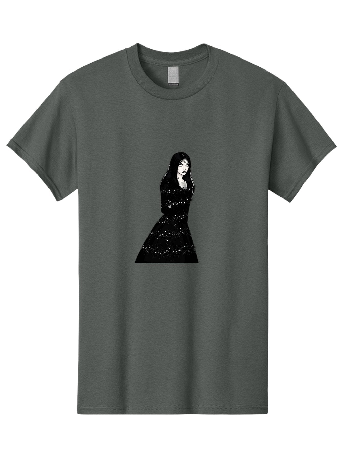 Woman-In-Black-Dress Men'S Graphic Tee, 100% Cotton, Comfortable Casual Summer Wear, Machine Washable, Woman In Black Dress, Long Black Hair, Elegant Jewelry, Sparkling Dress, Dark Beauty, Fashion Illustration, Mysterious Woman, Bad928 14