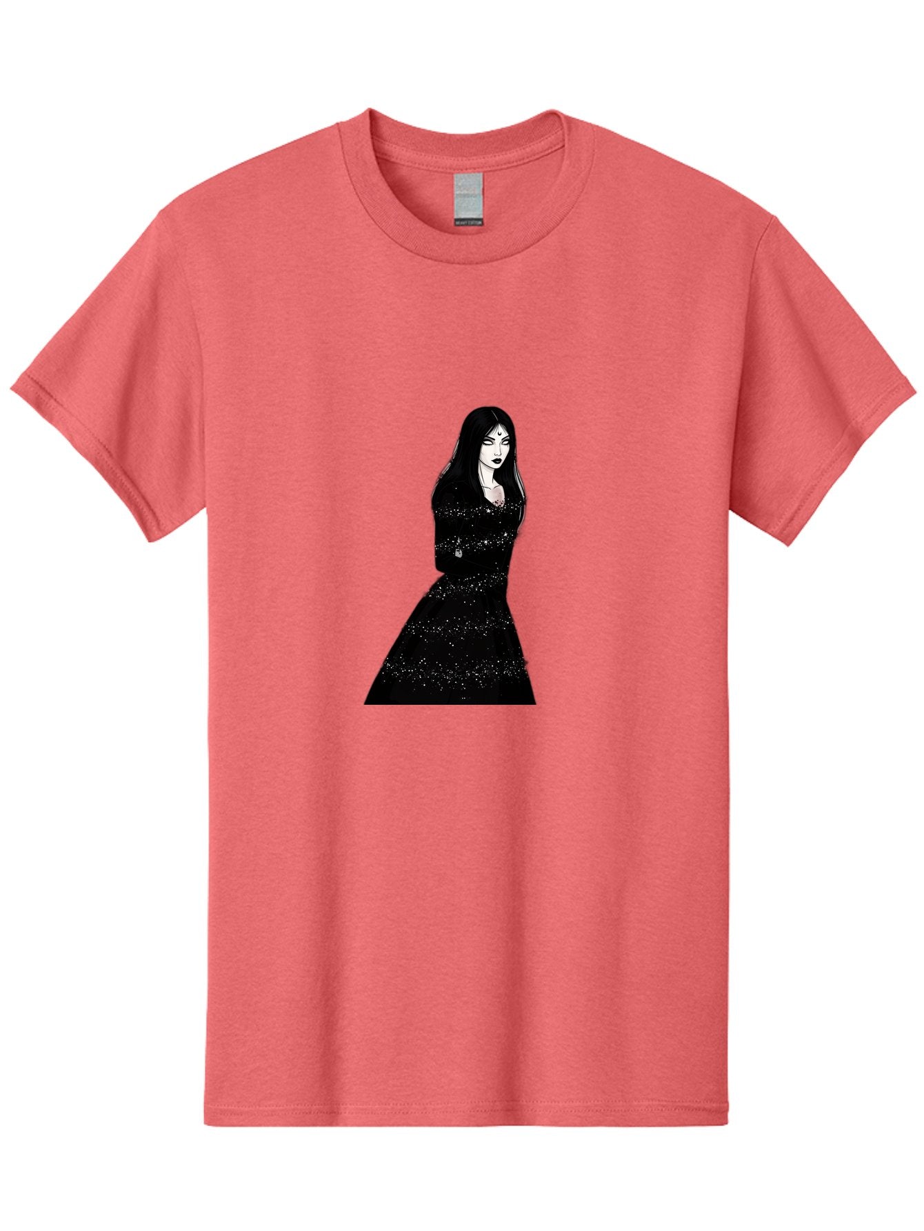 Woman-In-Black-Dress Men'S Graphic Tee, 100% Cotton, Comfortable Casual Summer Wear, Machine Washable, Woman In Black Dress, Long Black Hair, Elegant Jewelry, Sparkling Dress, Dark Beauty, Fashion Illustration, Mysterious Woman, Bad928 3