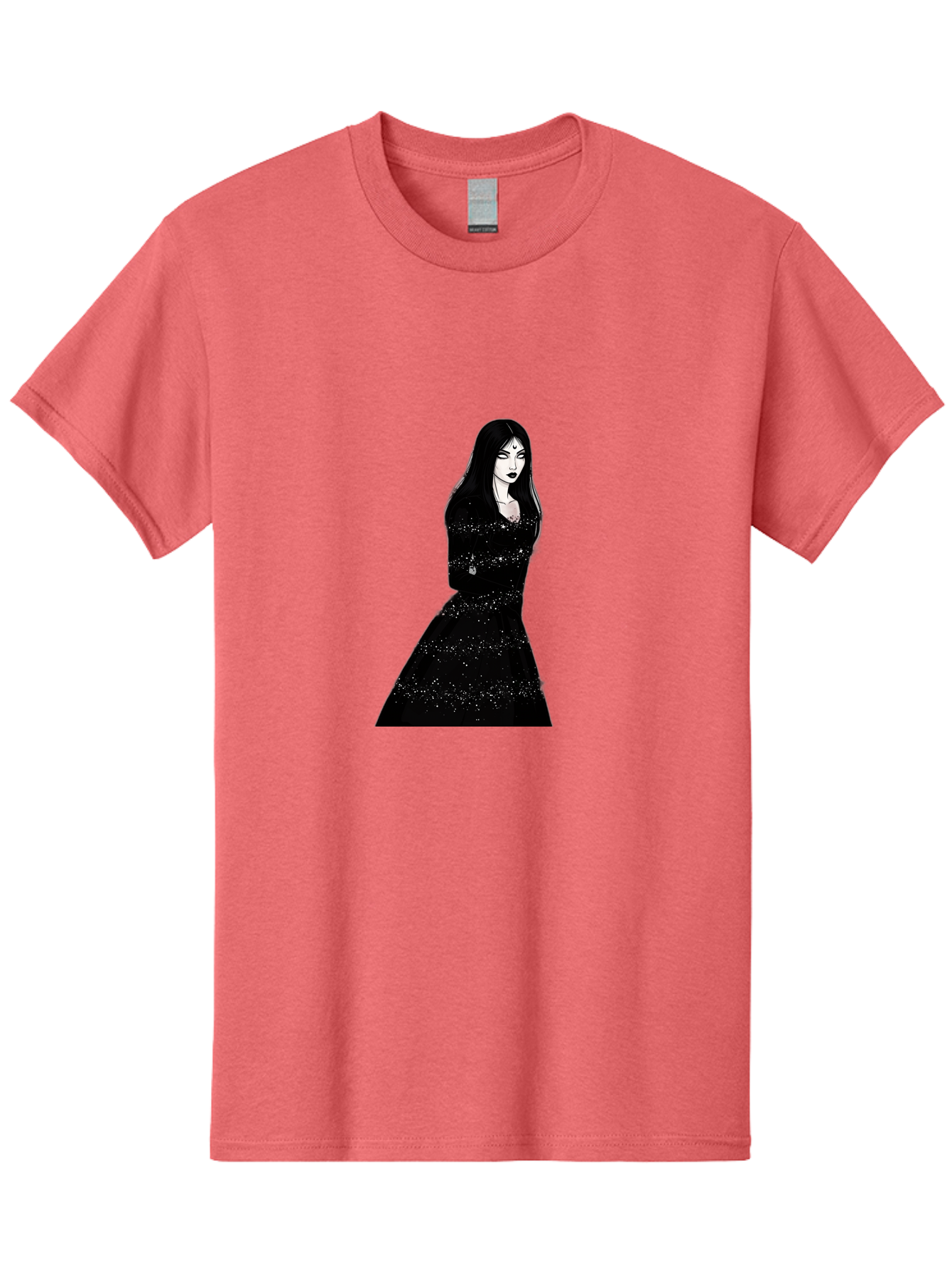 Woman-In-Black-Dress Men'S Graphic Tee, 100% Cotton, Comfortable Casual Summer Wear, Machine Washable, Woman In Black Dress, Long Black Hair, Elegant Jewelry, Sparkling Dress, Dark Beauty, Fashion Illustration, Mysterious Woman, Bad928 9
