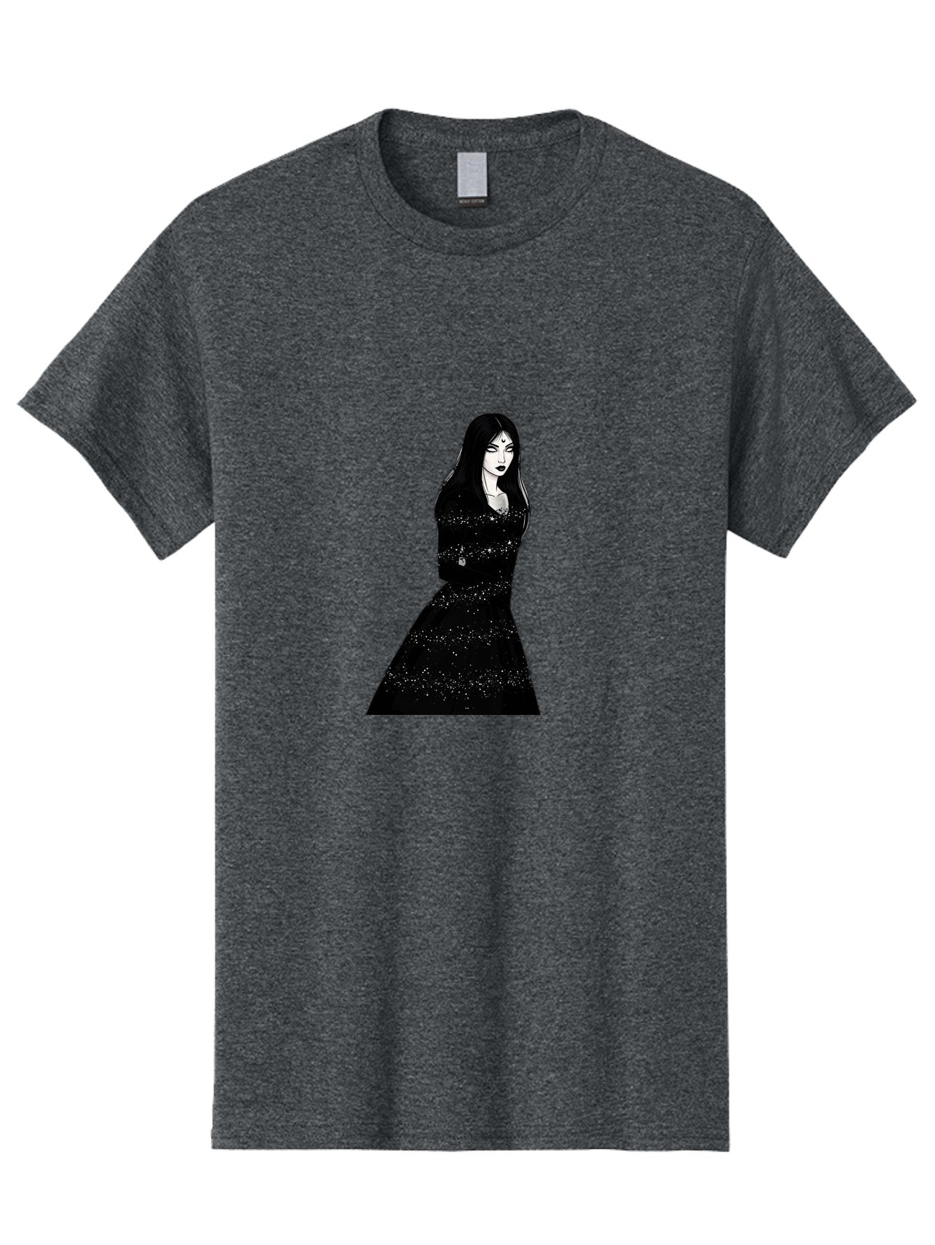 Woman-In-Black-Dress Men'S Graphic Tee, 100% Cotton, Comfortable Casual Summer Wear, Machine Washable, Woman In Black Dress, Long Black Hair, Elegant Jewelry, Sparkling Dress, Dark Beauty, Fashion Illustration, Mysterious Woman, Bad928