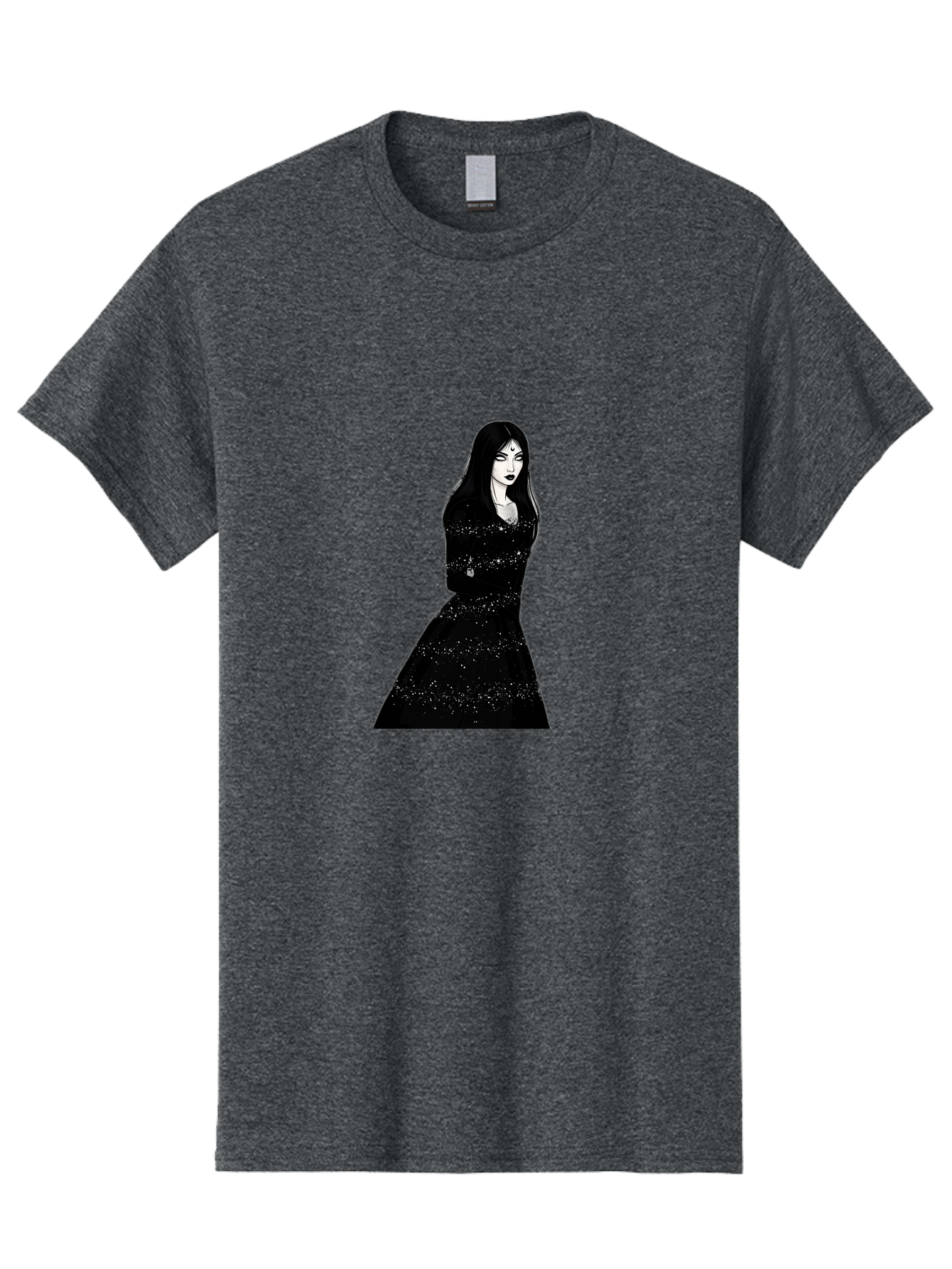 Woman-In-Black-Dress Men'S Graphic Tee, 100% Cotton, Comfortable Casual Summer Wear, Machine Washable, Woman In Black Dress, Long Black Hair, Elegant Jewelry, Sparkling Dress, Dark Beauty, Fashion Illustration, Mysterious Woman, Bad928 11