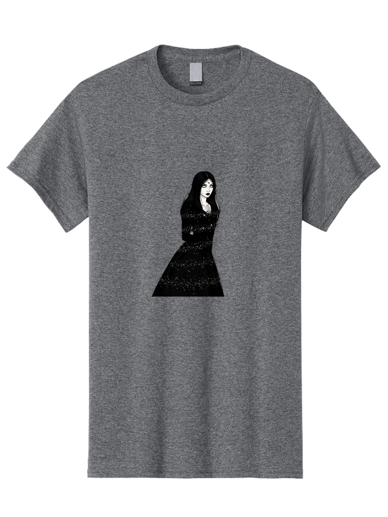 Woman-In-Black-Dress Men'S Graphic Tee, 100% Cotton, Comfortable Casual Summer Wear, Machine Washable, Woman In Black Dress, Long Black Hair, Elegant Jewelry, Sparkling Dress, Dark Beauty, Fashion Illustration, Mysterious Woman, Bad928 5