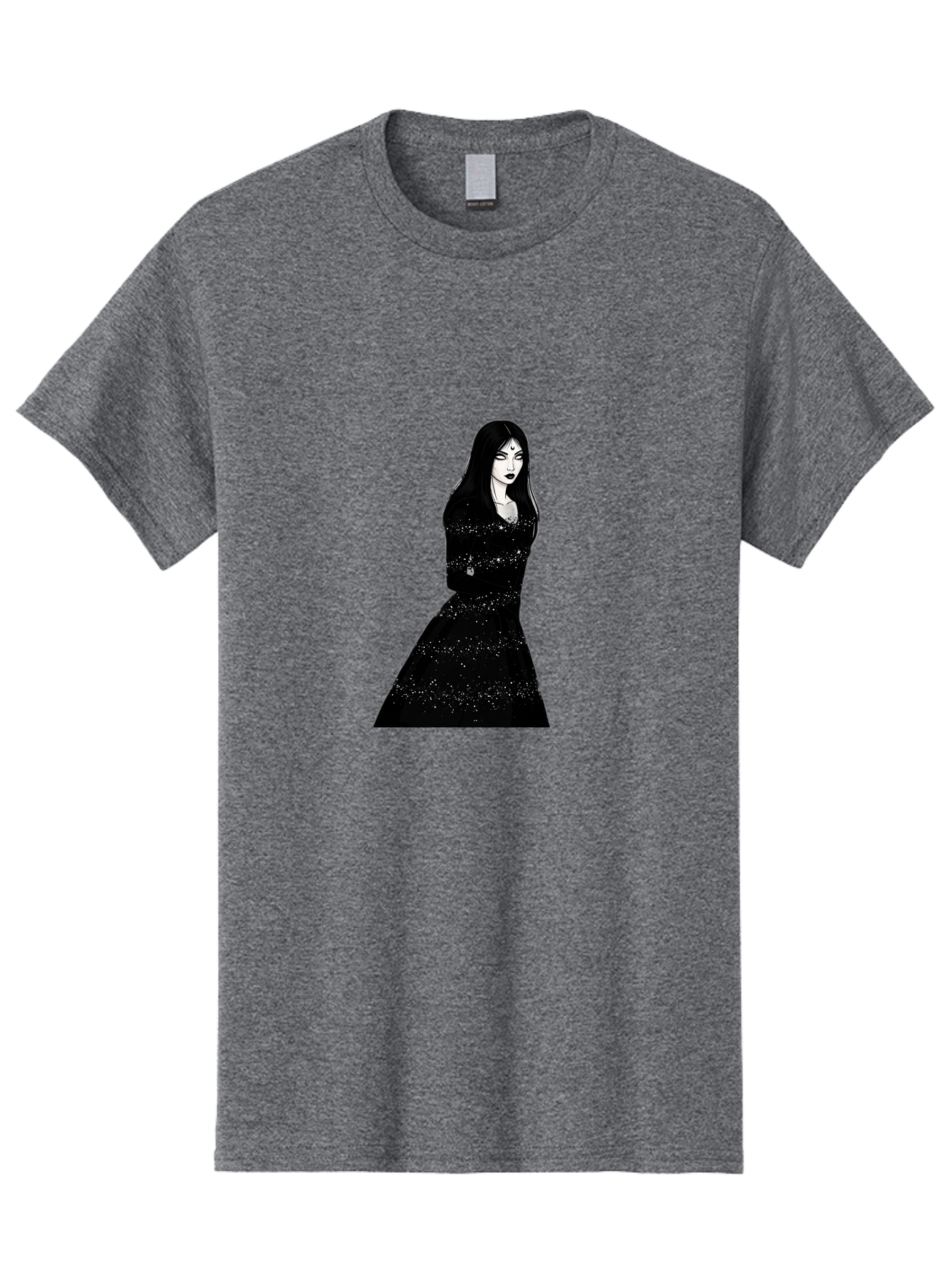 Woman-In-Black-Dress Men'S Graphic Tee, 100% Cotton, Comfortable Casual Summer Wear, Machine Washable, Woman In Black Dress, Long Black Hair, Elegant Jewelry, Sparkling Dress, Dark Beauty, Fashion Illustration, Mysterious Woman, Bad928 8
