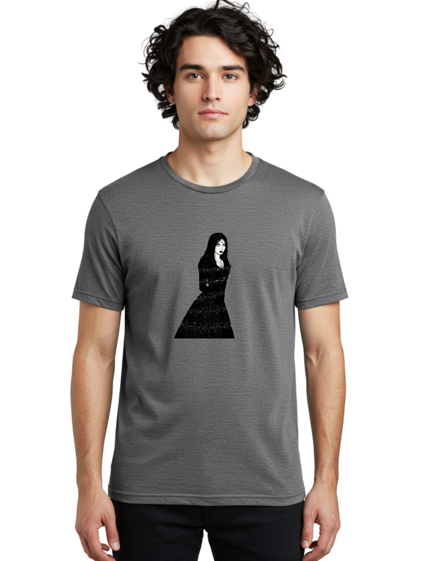 Woman-In-Black-Dress Men'S Graphic Tee, 100% Cotton, Comfortable Casual Summer Wear, Machine Washable, Woman In Black Dress, Long Black Hair, Elegant Jewelry, Sparkling Dress, Dark Beauty, Fashion Illustration, Mysterious Woman, Bad928 23