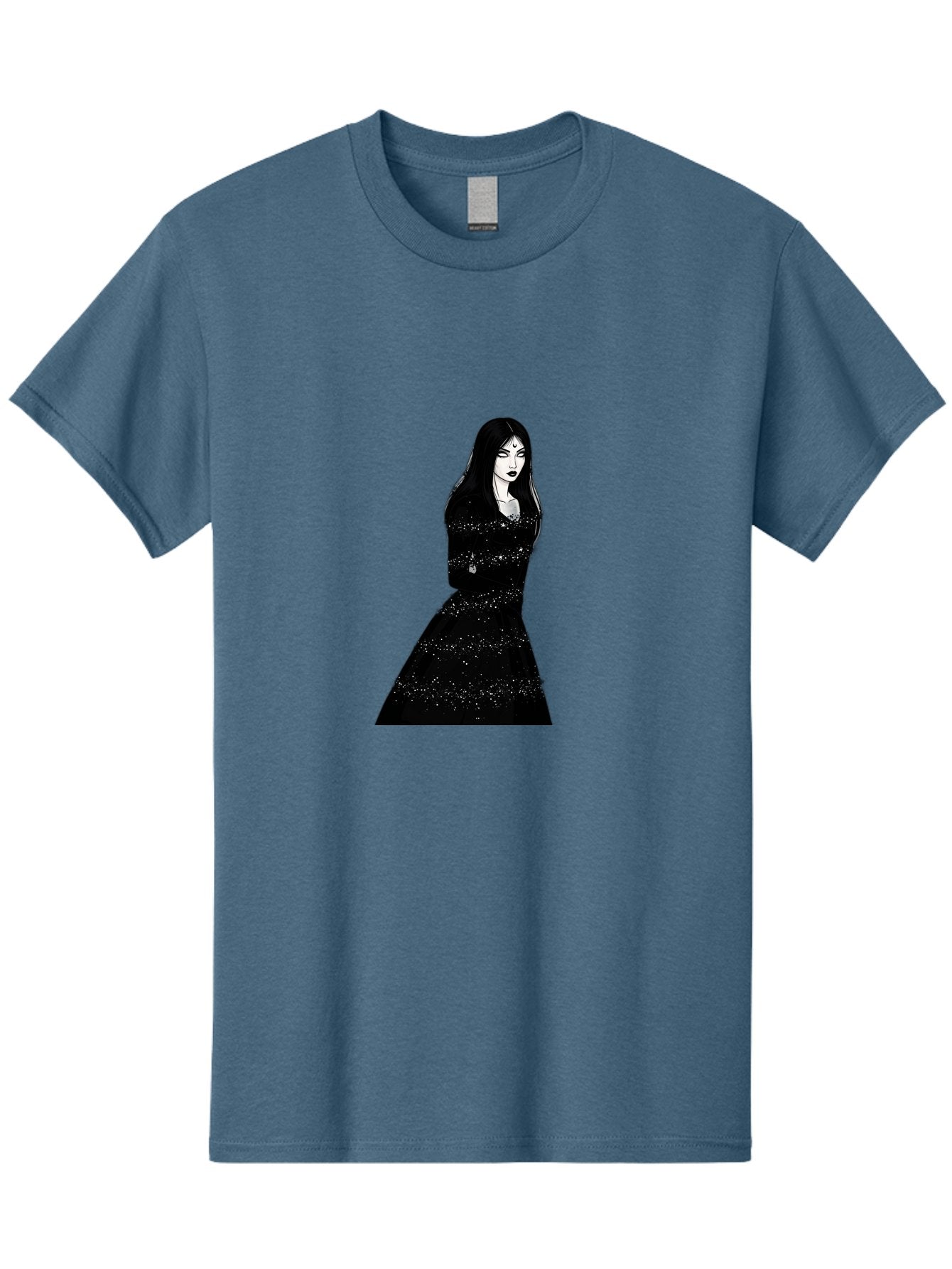 Woman-In-Black-Dress Men'S Graphic Tee, 100% Cotton, Comfortable Casual Summer Wear, Machine Washable, Woman In Black Dress, Long Black Hair, Elegant Jewelry, Sparkling Dress, Dark Beauty, Fashion Illustration, Mysterious Woman, Bad928 13