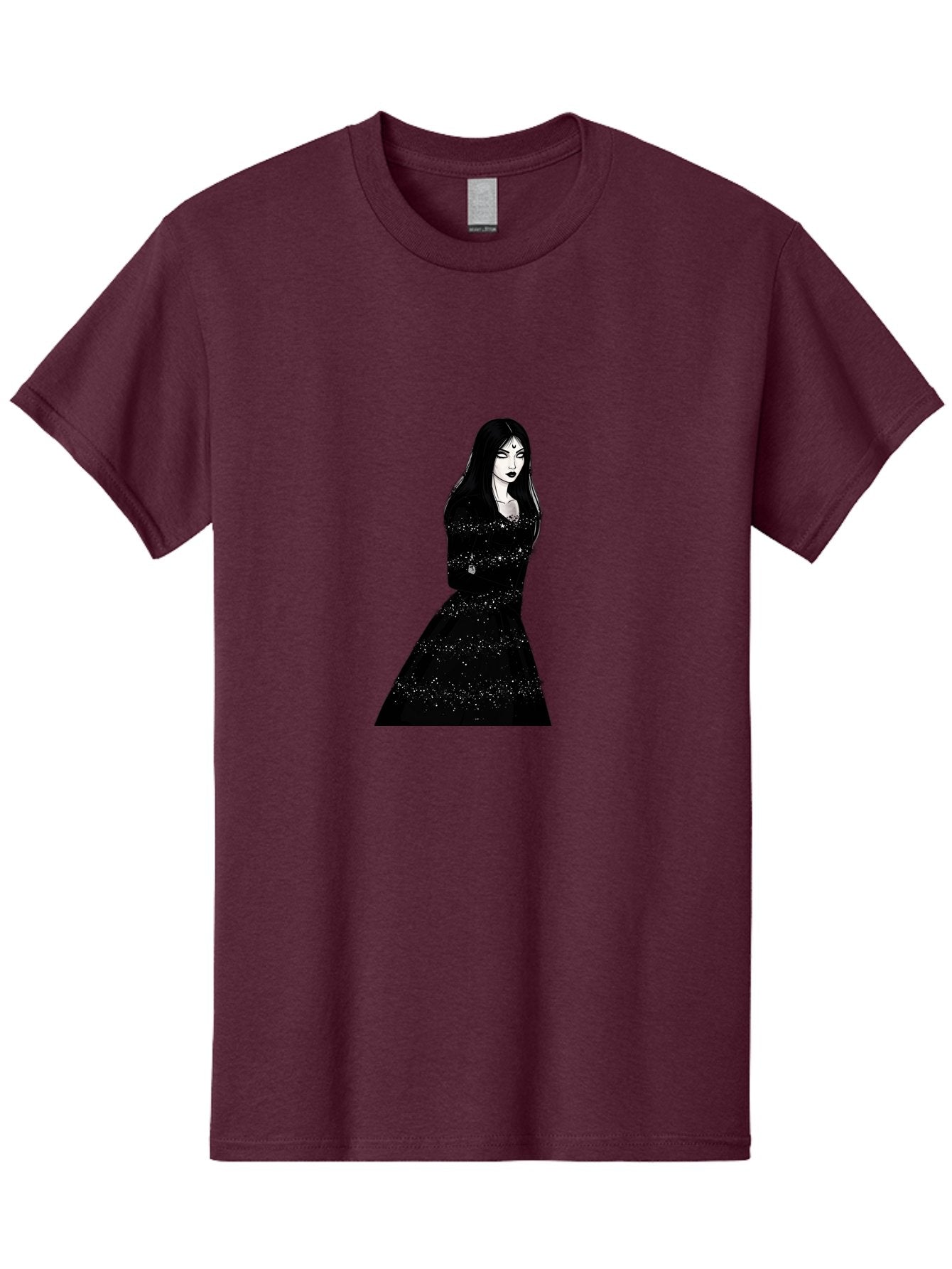 Woman-In-Black-Dress Men'S Graphic Tee, 100% Cotton, Comfortable Casual Summer Wear, Machine Washable, Woman In Black Dress, Long Black Hair, Elegant Jewelry, Sparkling Dress, Dark Beauty, Fashion Illustration, Mysterious Woman, Bad928 7