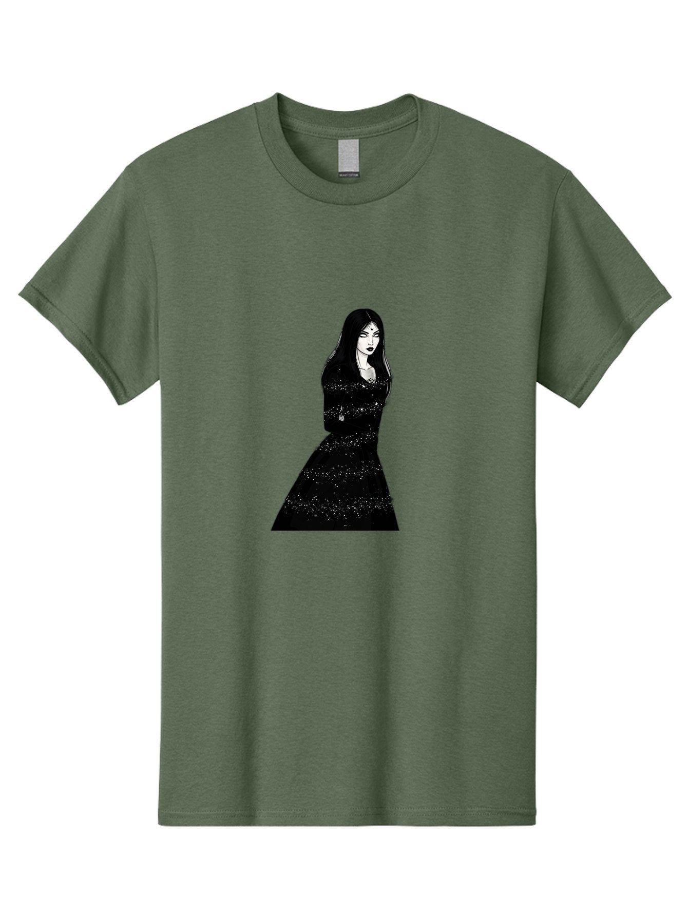Woman-In-Black-Dress Men'S Graphic Tee, 100% Cotton, Comfortable Casual Summer Wear, Machine Washable, Woman In Black Dress, Long Black Hair, Elegant Jewelry, Sparkling Dress, Dark Beauty, Fashion Illustration, Mysterious Woman, Bad928 6