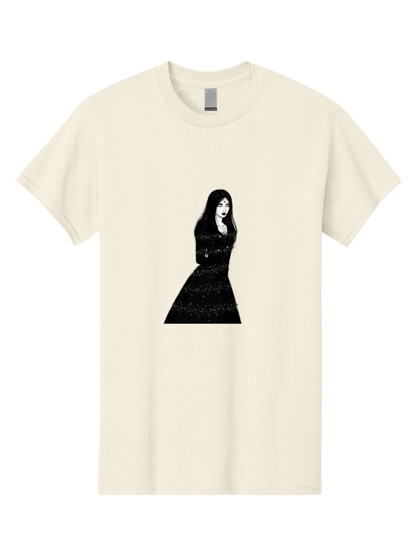 Woman-In-Black-Dress Men'S Graphic Tee, 100% Cotton, Comfortable Casual Summer Wear, Machine Washable, Woman In Black Dress, Long Black Hair, Elegant Jewelry, Sparkling Dress, Dark Beauty, Fashion Illustration, Mysterious Woman, Bad928 15