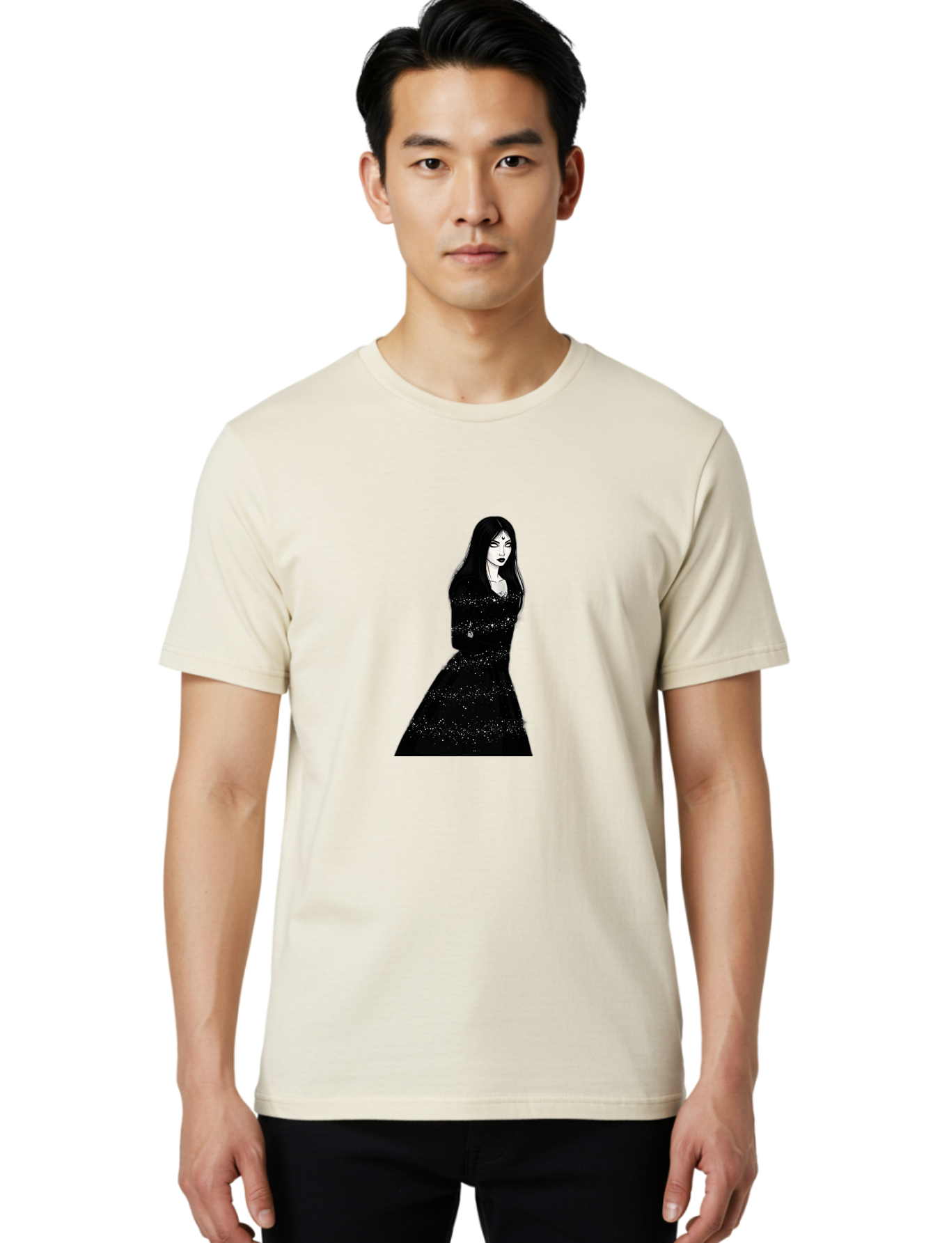 Woman-In-Black-Dress Men'S Graphic Tee, 100% Cotton, Comfortable Casual Summer Wear, Machine Washable, Woman In Black Dress, Long Black Hair, Elegant Jewelry, Sparkling Dress, Dark Beauty, Fashion Illustration, Mysterious Woman, Bad928 16