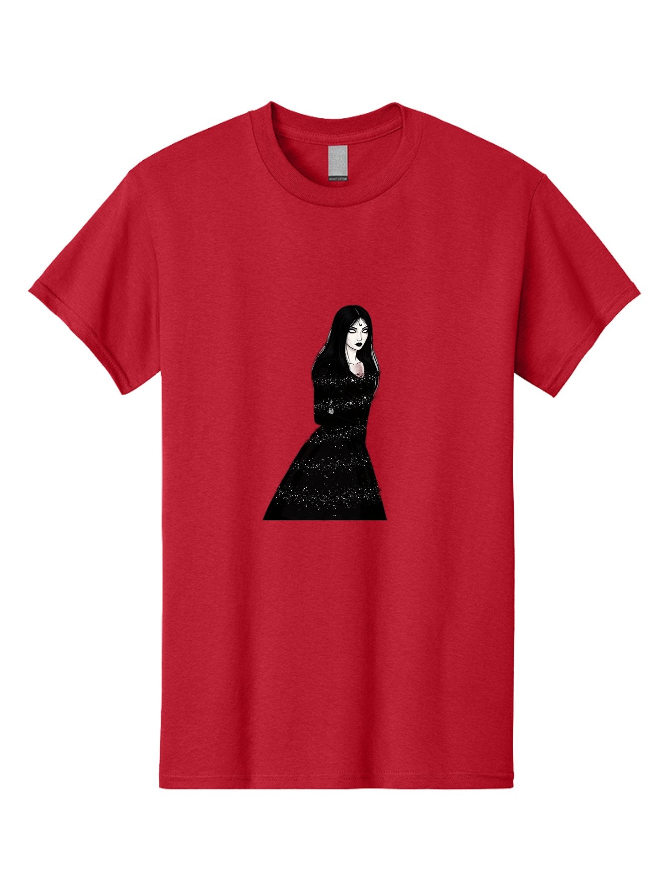 Woman-In-Black-Dress Men'S Graphic Tee, 100% Cotton, Comfortable Casual Summer Wear, Machine Washable, Woman In Black Dress, Long Black Hair, Elegant Jewelry, Sparkling Dress, Dark Beauty, Fashion Illustration, Mysterious Woman, Bad928