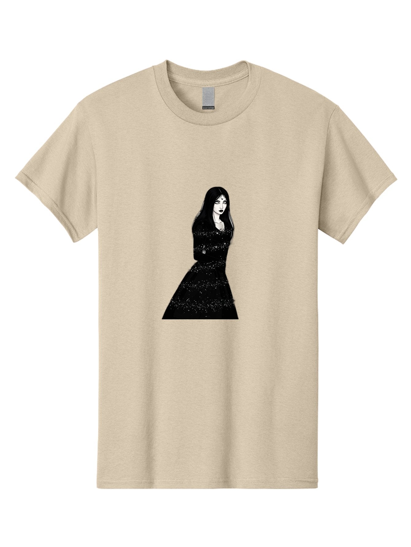 Woman-In-Black-Dress Men'S Graphic Tee, 100% Cotton, Comfortable Casual Summer Wear, Machine Washable, Woman In Black Dress, Long Black Hair, Elegant Jewelry, Sparkling Dress, Dark Beauty, Fashion Illustration, Mysterious Woman, Bad928 12