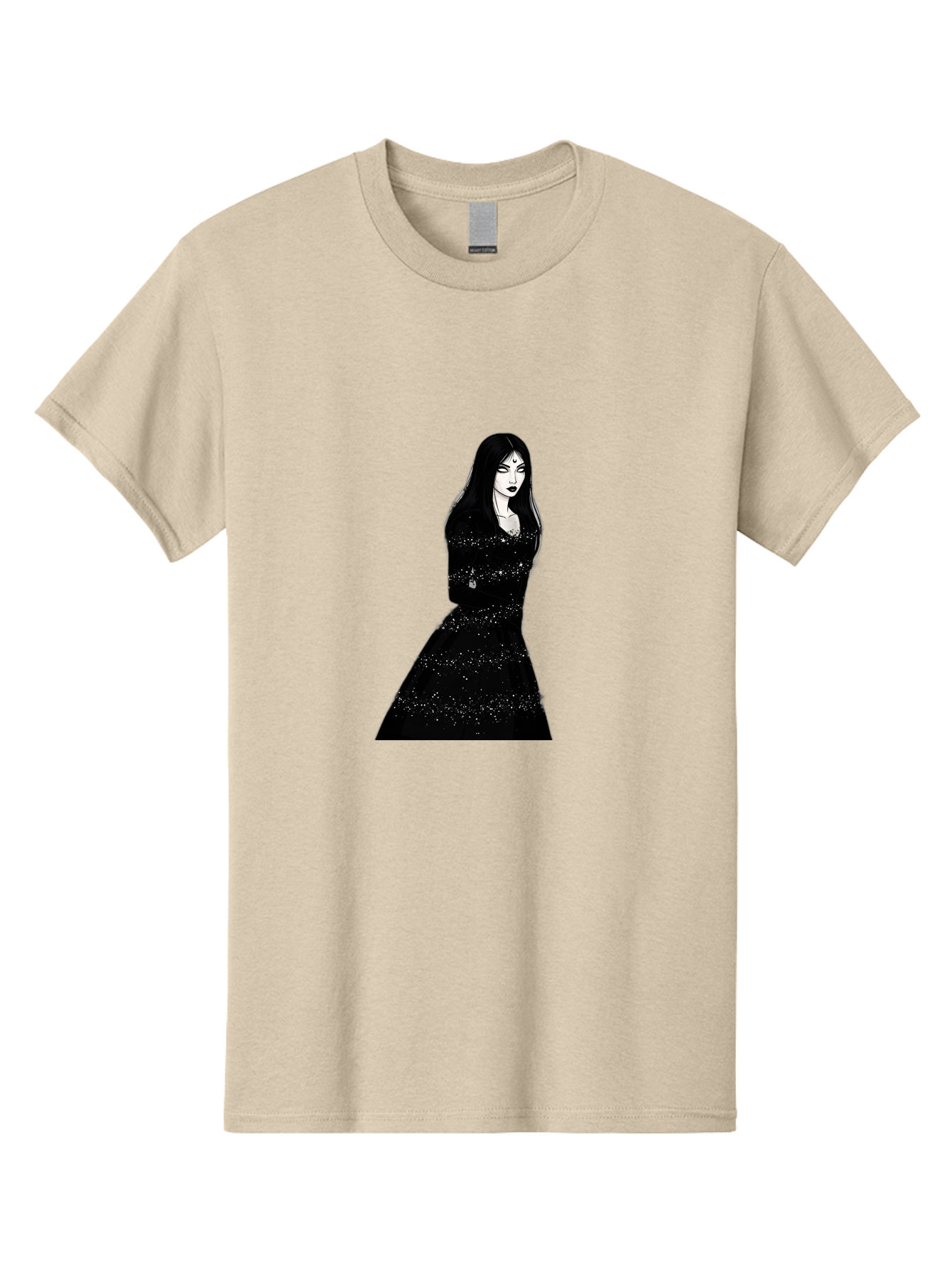 Woman-In-Black-Dress Men'S Graphic Tee, 100% Cotton, Comfortable Casual Summer Wear, Machine Washable, Woman In Black Dress, Long Black Hair, Elegant Jewelry, Sparkling Dress, Dark Beauty, Fashion Illustration, Mysterious Woman, Bad928 3