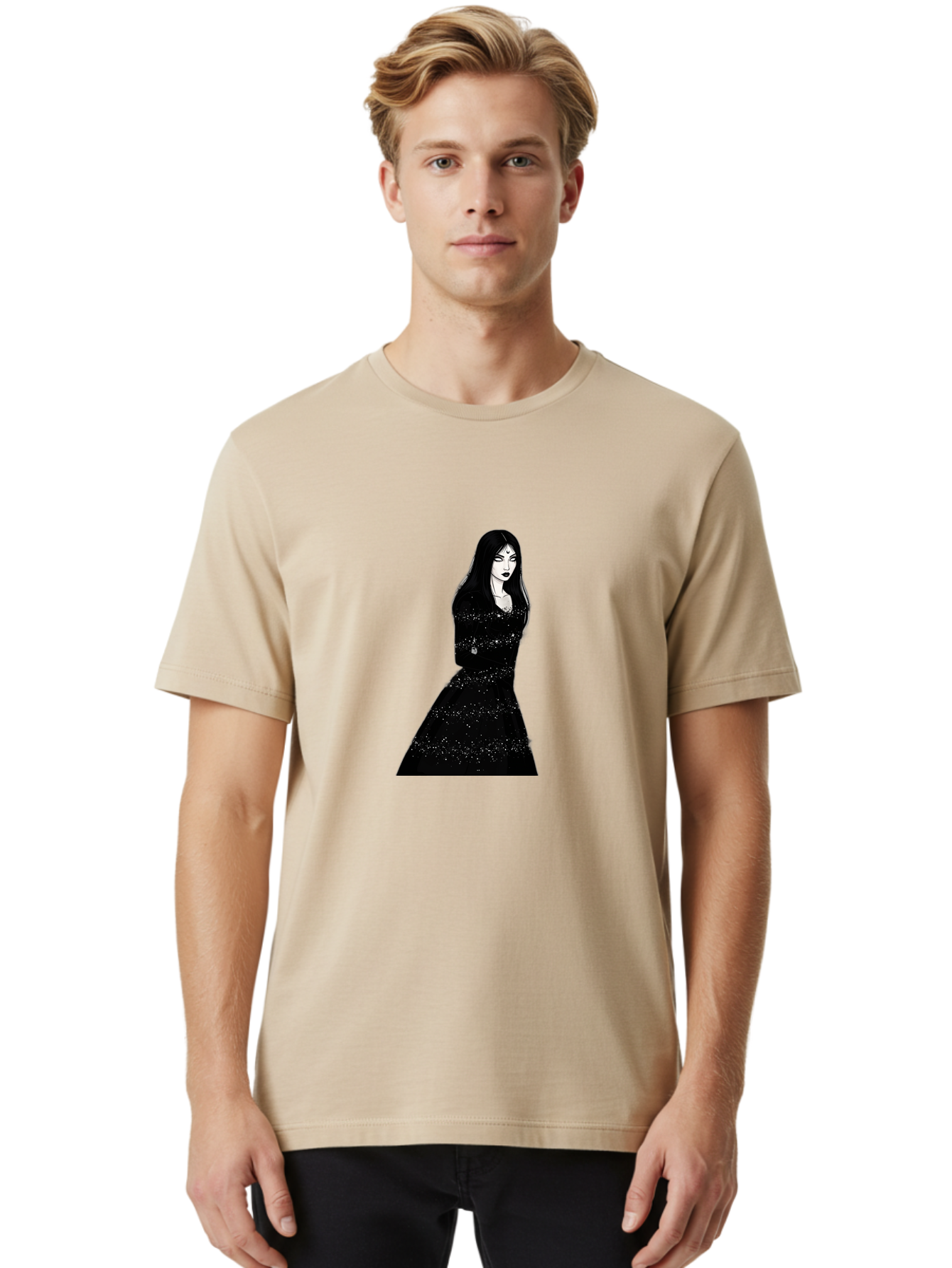 Woman-In-Black-Dress Men'S Graphic Tee, 100% Cotton, Comfortable Casual Summer Wear, Machine Washable, Woman In Black Dress, Long Black Hair, Elegant Jewelry, Sparkling Dress, Dark Beauty, Fashion Illustration, Mysterious Woman, Bad928 18