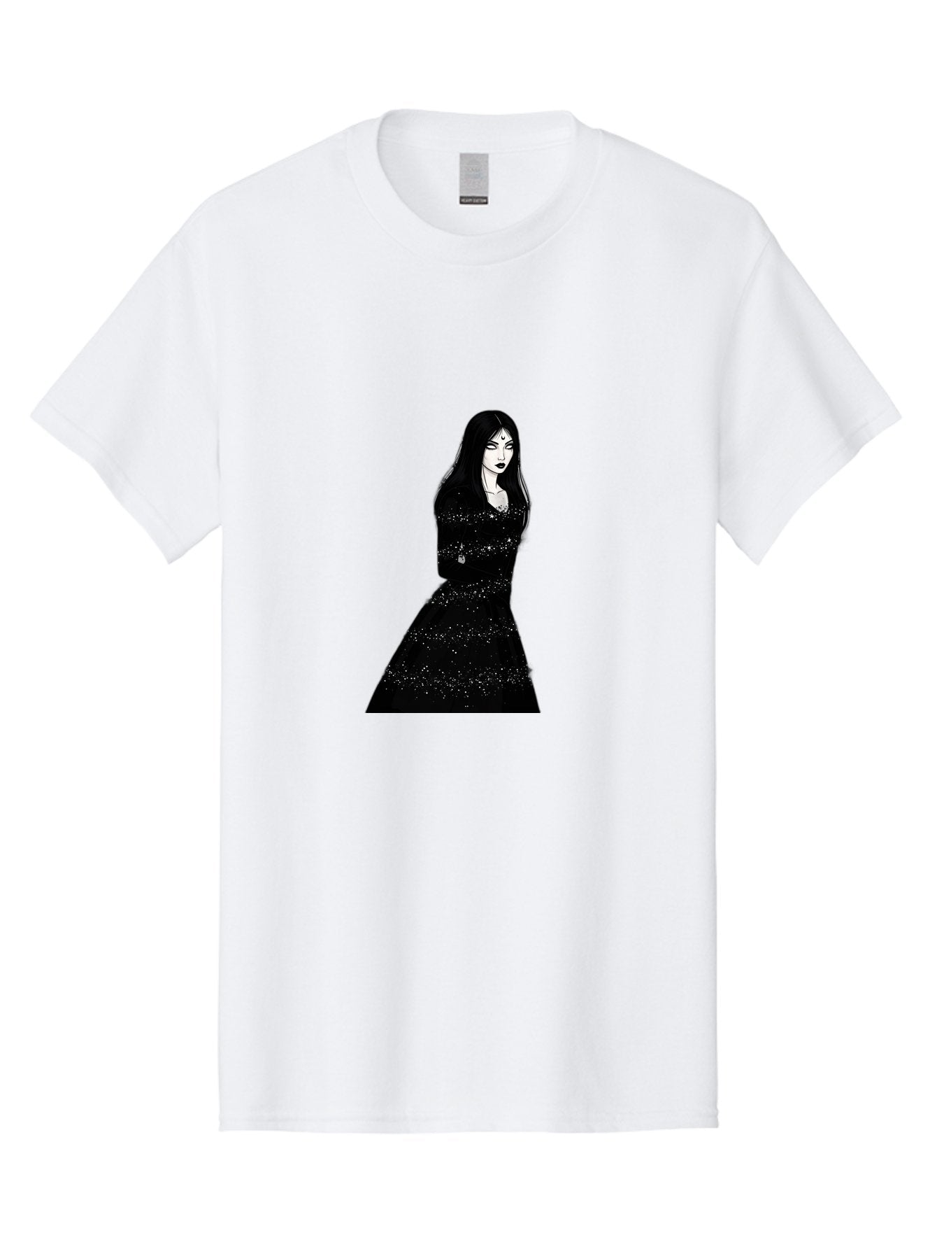 Woman-In-Black-Dress Men'S Graphic Tee, 100% Cotton, Comfortable Casual Summer Wear, Machine Washable, Woman In Black Dress, Long Black Hair, Elegant Jewelry, Sparkling Dress, Dark Beauty, Fashion Illustration, Mysterious Woman, Bad928 11
