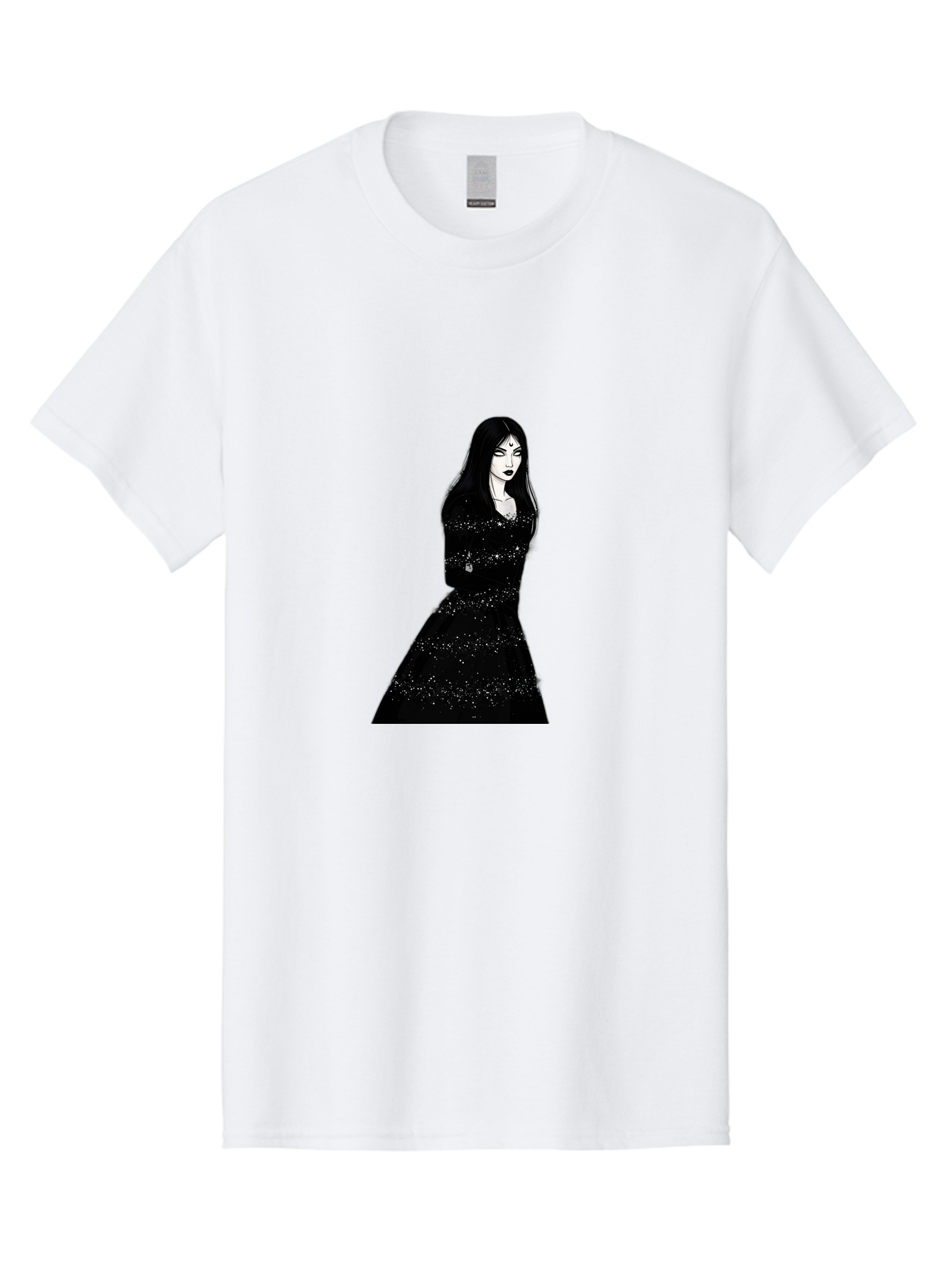 Woman-In-Black-Dress Men'S Graphic Tee, 100% Cotton, Comfortable Casual Summer Wear, Machine Washable, Woman In Black Dress, Long Black Hair, Elegant Jewelry, Sparkling Dress, Dark Beauty, Fashion Illustration, Mysterious Woman, Bad928 4