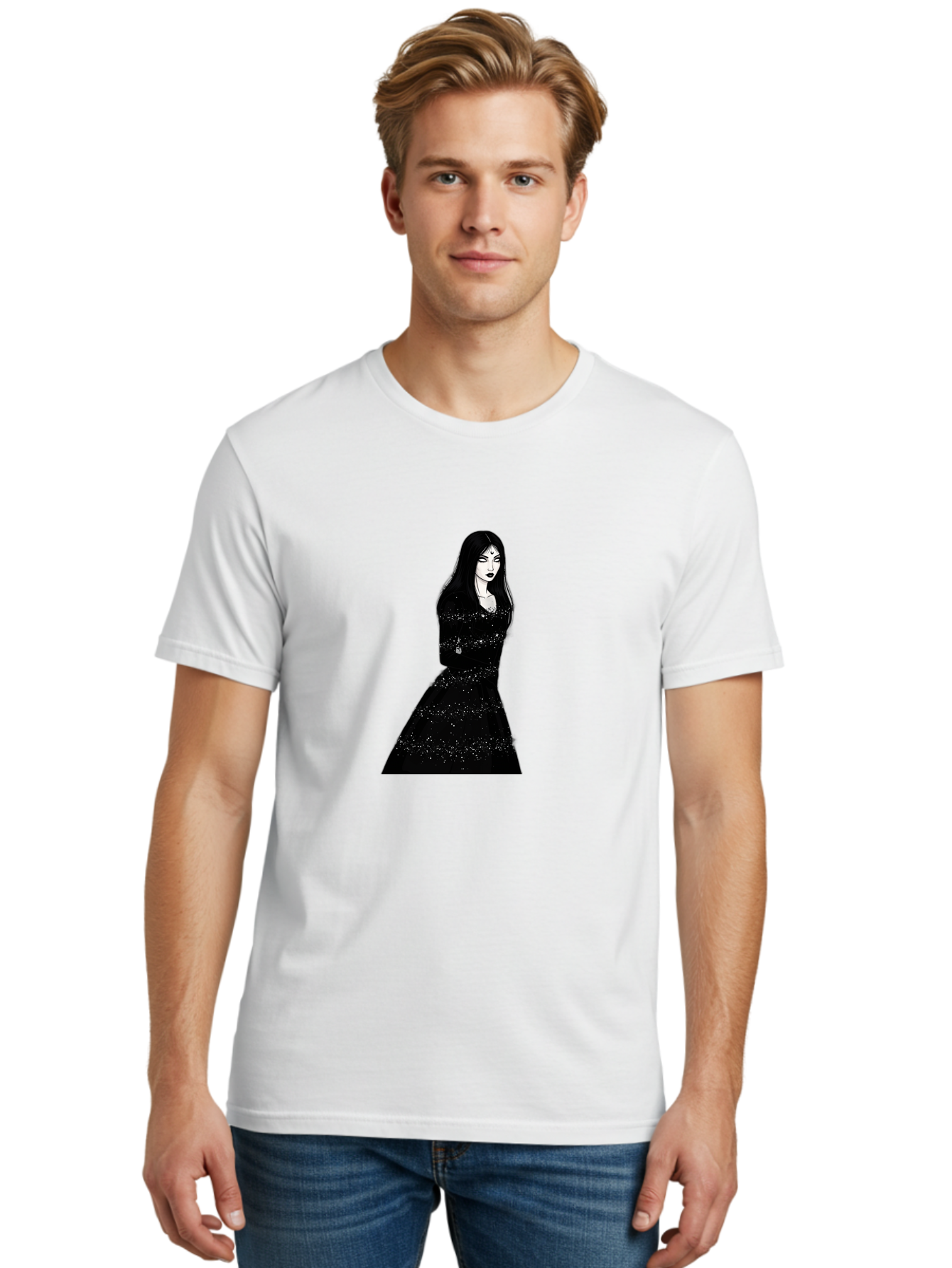 Woman-In-Black-Dress Men'S Graphic Tee, 100% Cotton, Comfortable Casual Summer Wear, Machine Washable, Woman In Black Dress, Long Black Hair, Elegant Jewelry, Sparkling Dress, Dark Beauty, Fashion Illustration, Mysterious Woman, Bad928 19