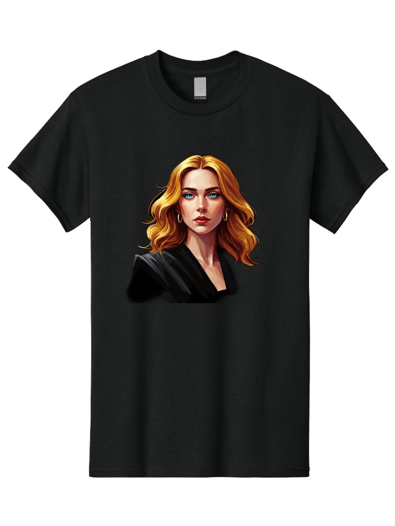 Woman-Portrait-1 Men'S Graphic Tee, 100% Cotton, Comfortable Casual Summer Wear, Machine Washable, Blonde Woman, Blue Eyes, Gold Hoop Earrings, Black Jacket, Fashion Portrait, Digital Art, Wavy Hair, Modern Style, Elegant Look, Bad929 10